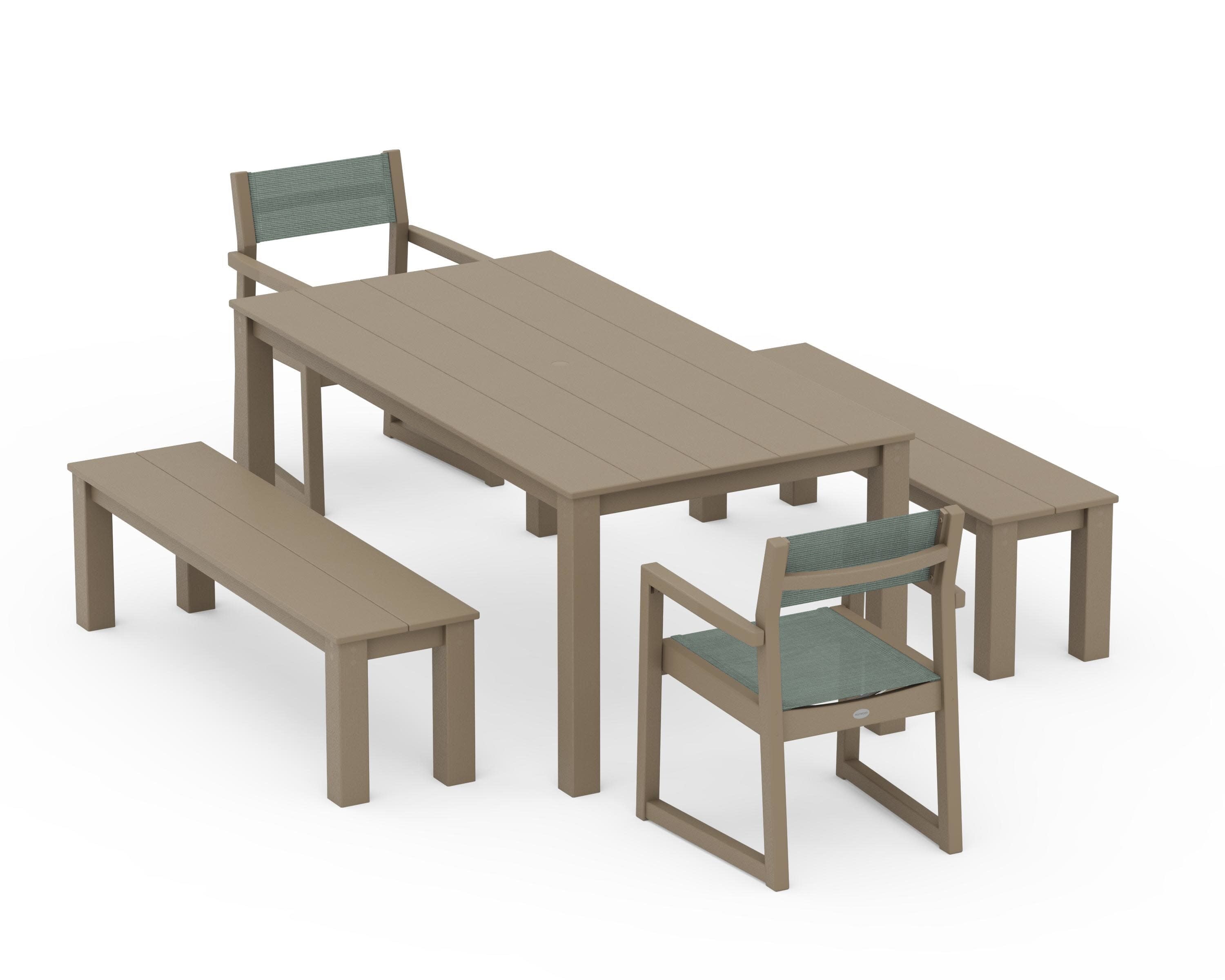 EDGE Sling Arm Chair 5-Piece Parsons Dining Set with Benches in Vintage Sahara / Dupioni Sea Mist Sling