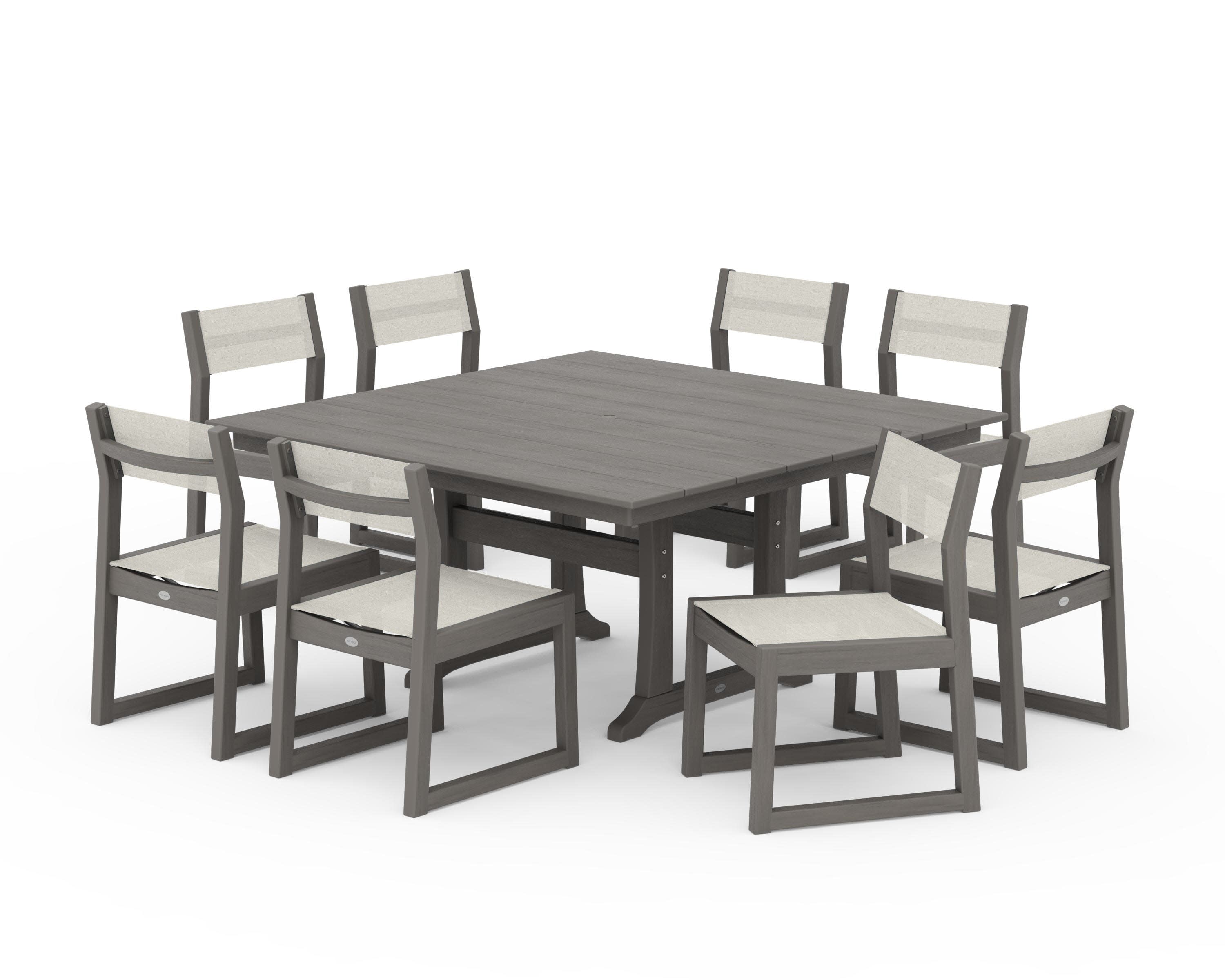 EDGE Sling Side Chair 9-Piece Farmhouse Trestle Dining Set in Driftwood / Parchment Sling