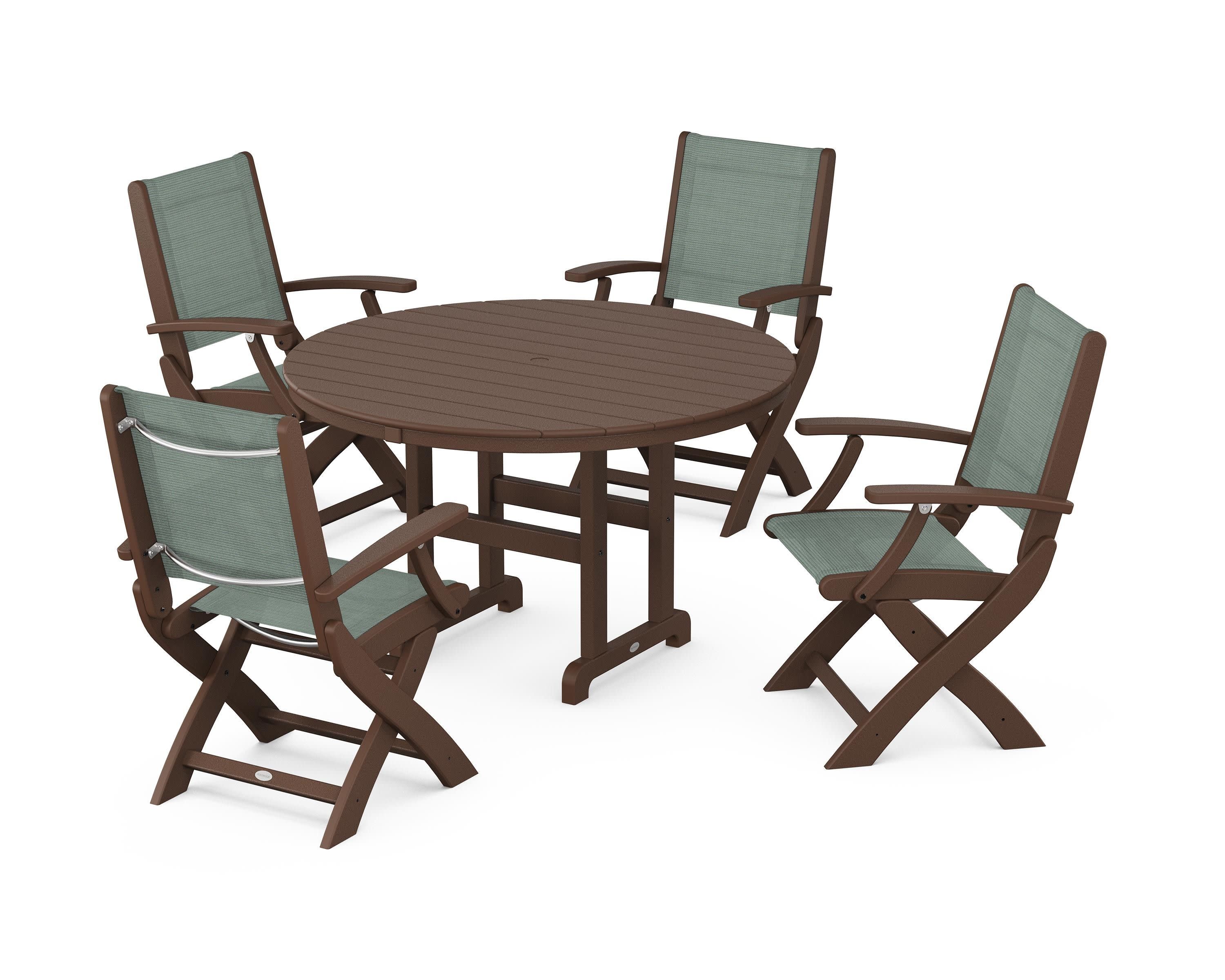 Coastal Folding Chair 5-Piece Round Dining Set in Mahogany / Dupioni Sea Mist Sling