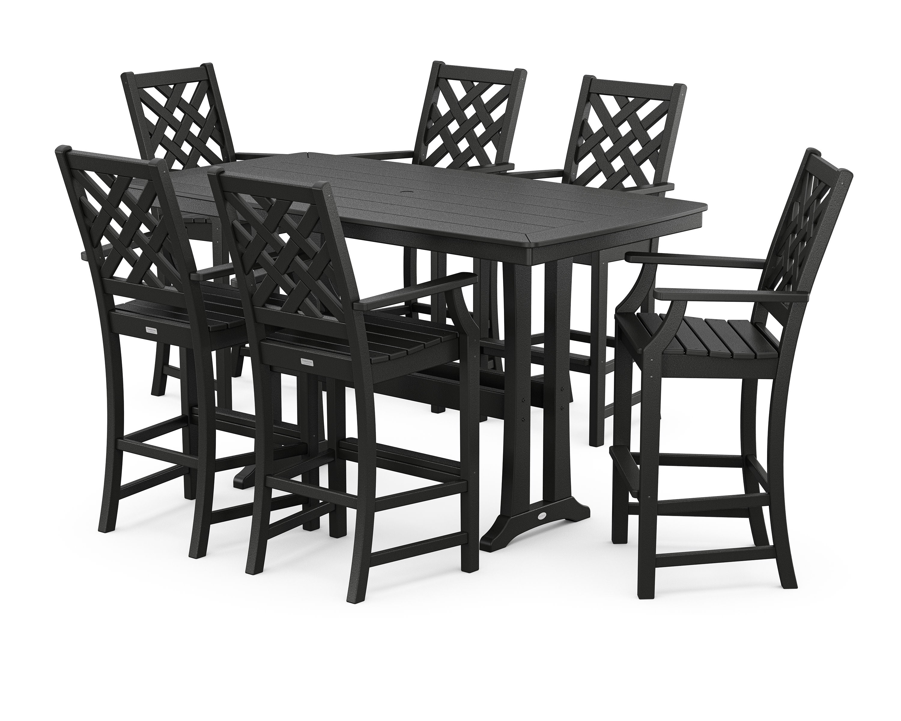 Wovendale Arm Chair 7-Piece Bar Set with Trestle Legs in Black