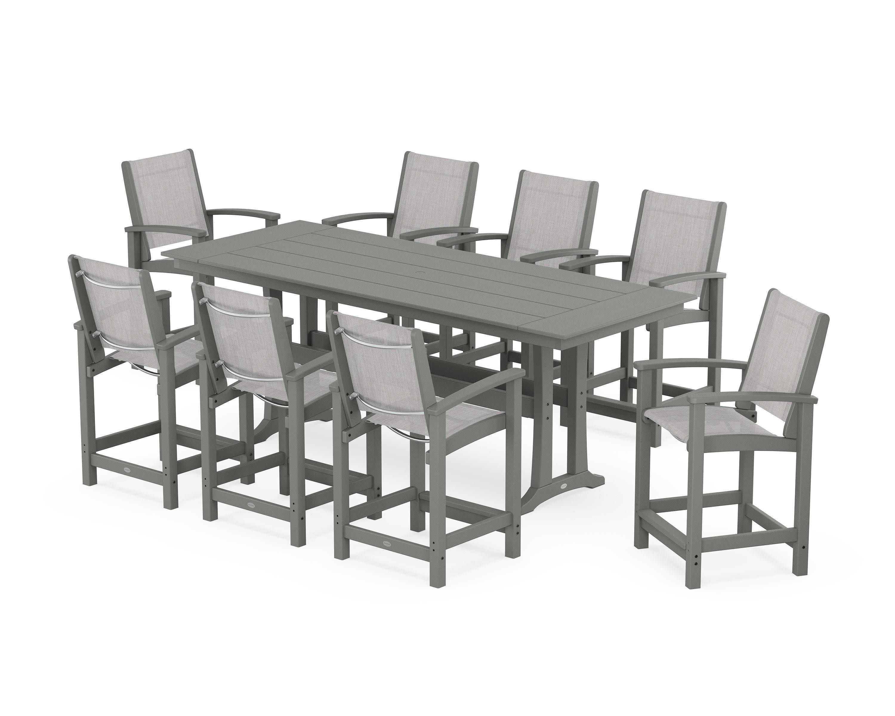 Coastal 9-Piece Farmhouse Counter Set with Trestle Legs in Slate Grey / Parchment Sling