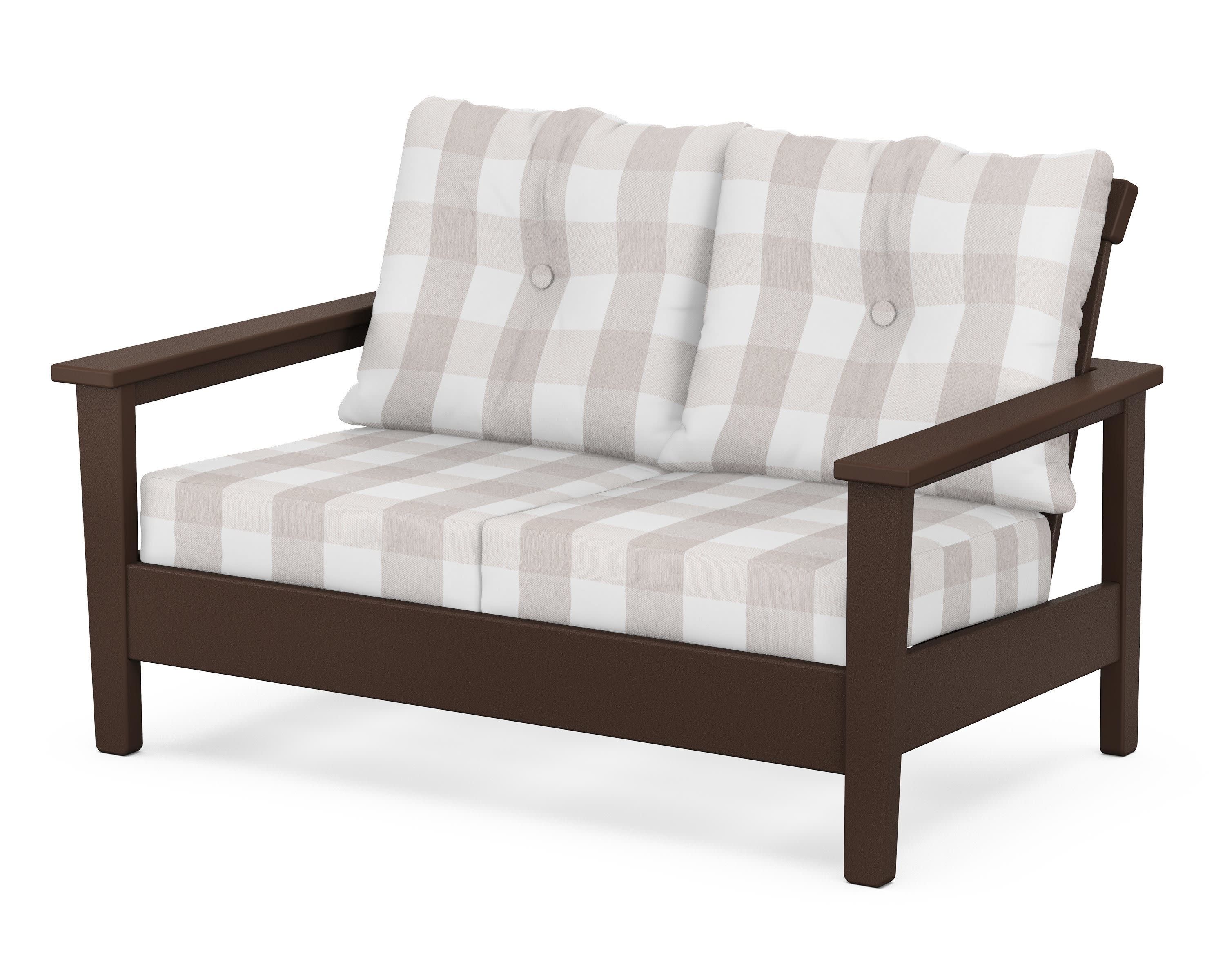 Prescott Deep Seating Loveseat in Mahogany / Buffalo Plaid Dune Burlap