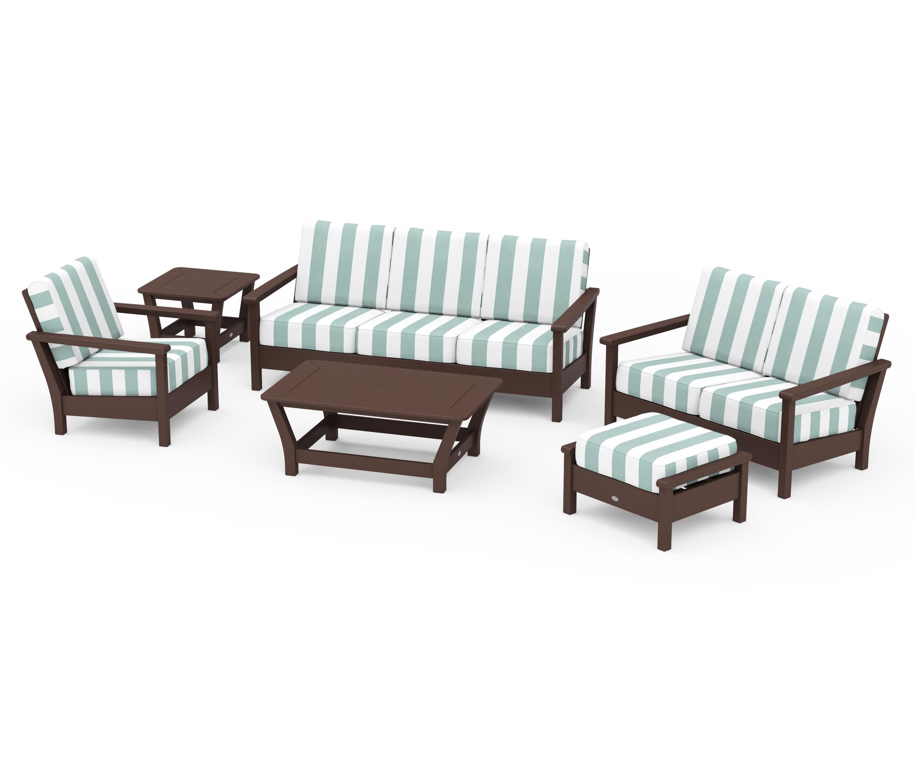 Harbour 6-Piece Outdoor Living Set in Mahogany / Cabana Stripe Glacier Spa
