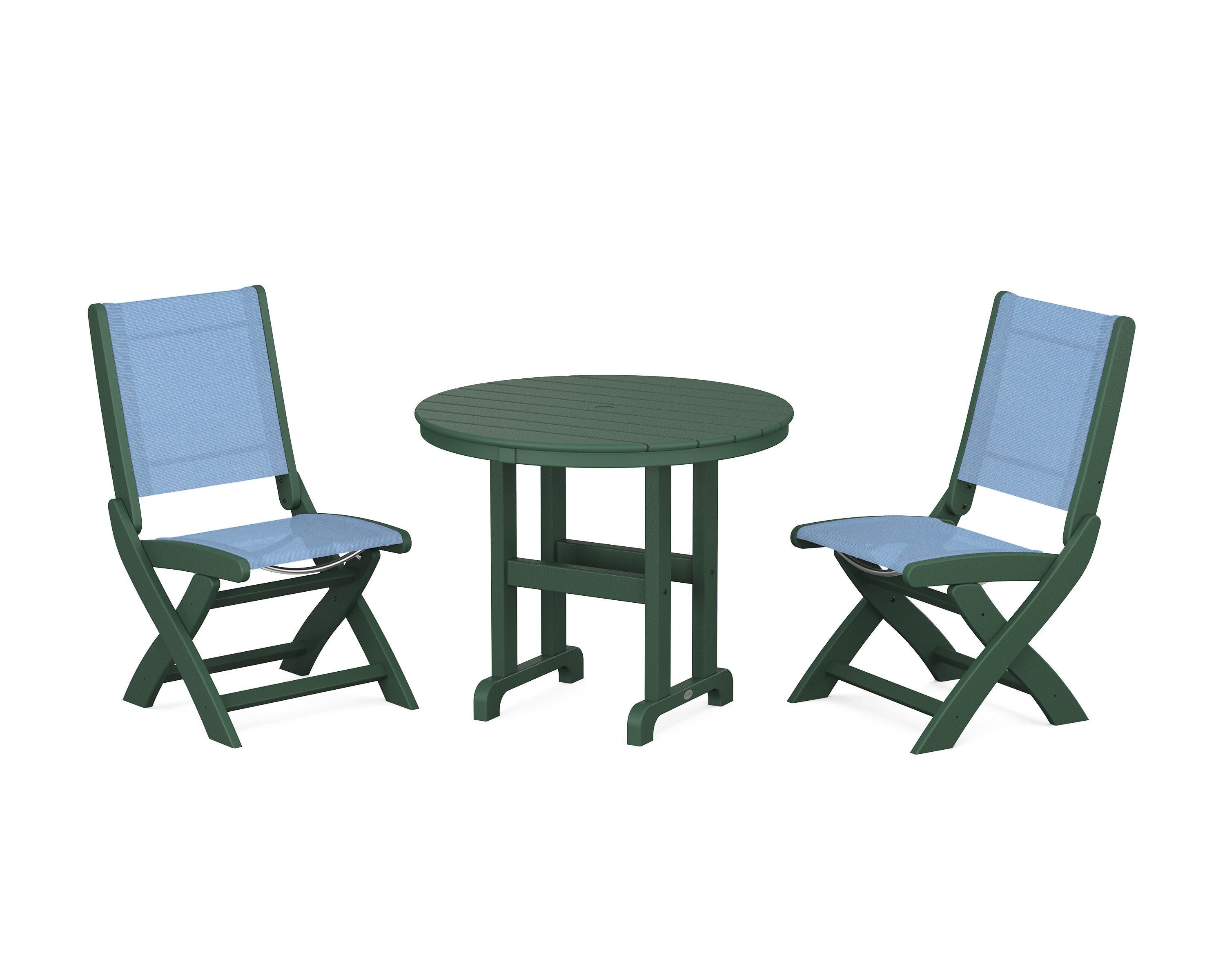 Coastal Folding Side Chair 3-Piece Round Dining Set in Green / Poolside Sling