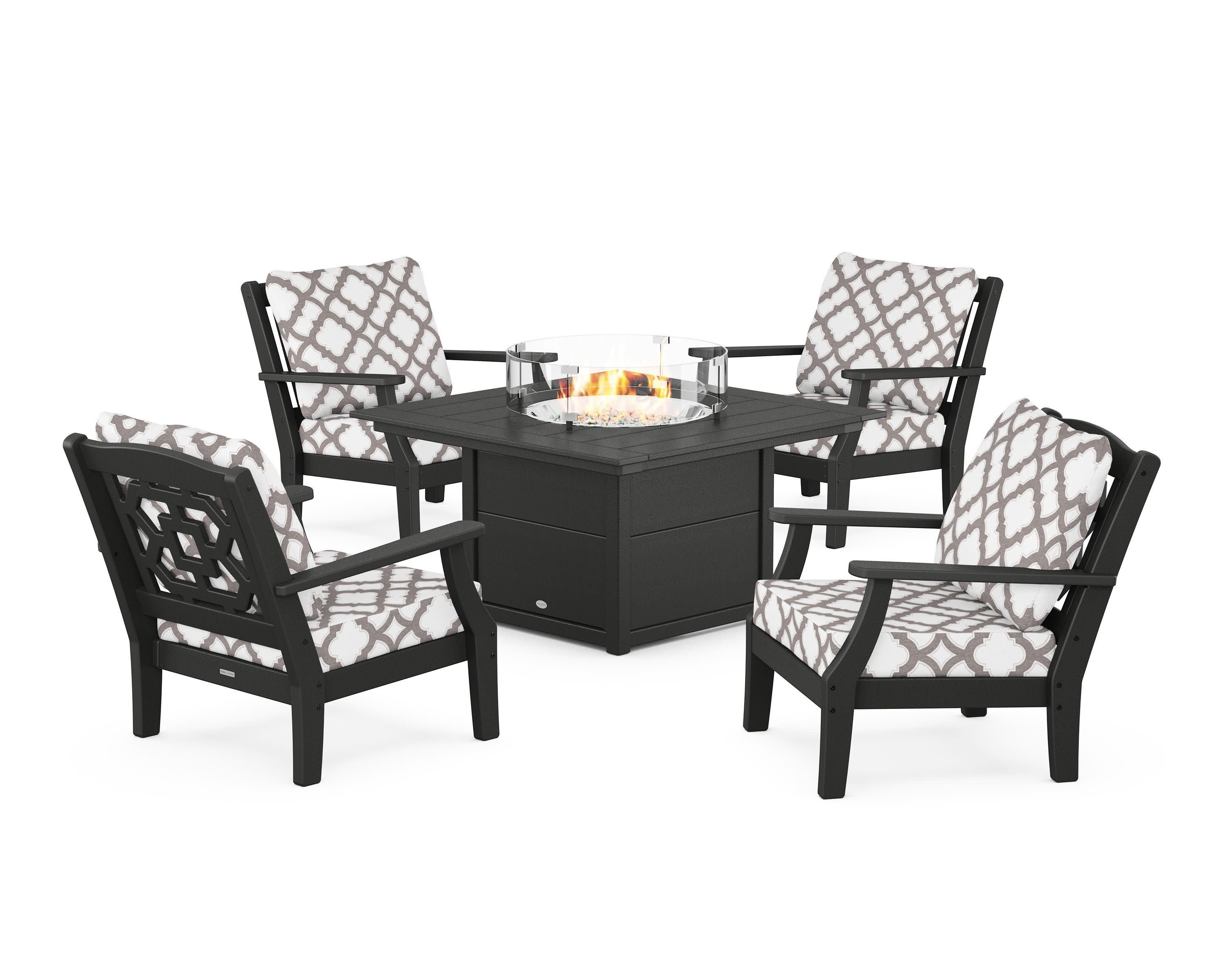 Chinoiserie 5-Piece Deep Seating Set with Fire Pit Table in Black / Trellis Grey Mist