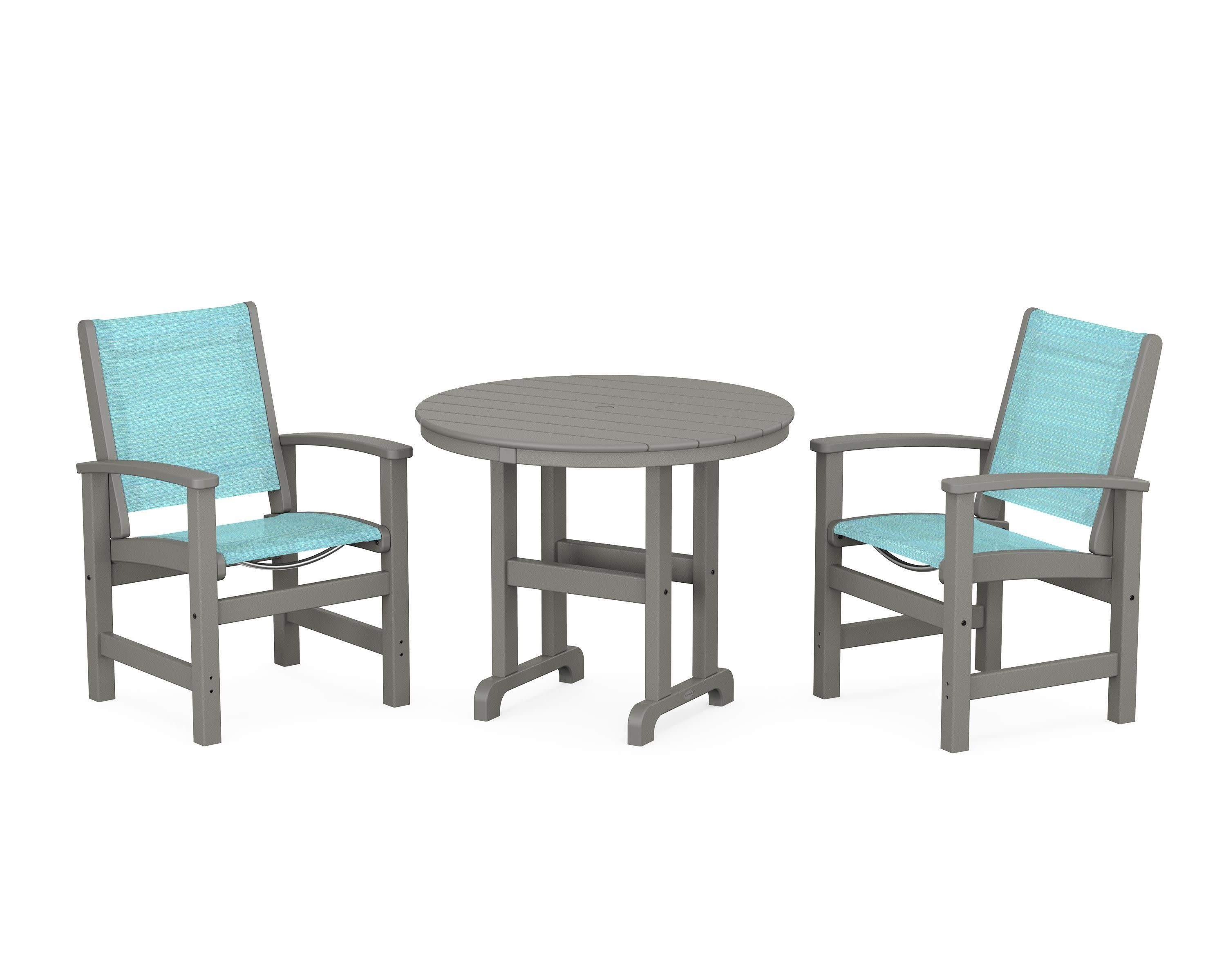 Coastal 3-Piece Round Dining Set in Slate Grey / Dupioni Aquamarine Sling