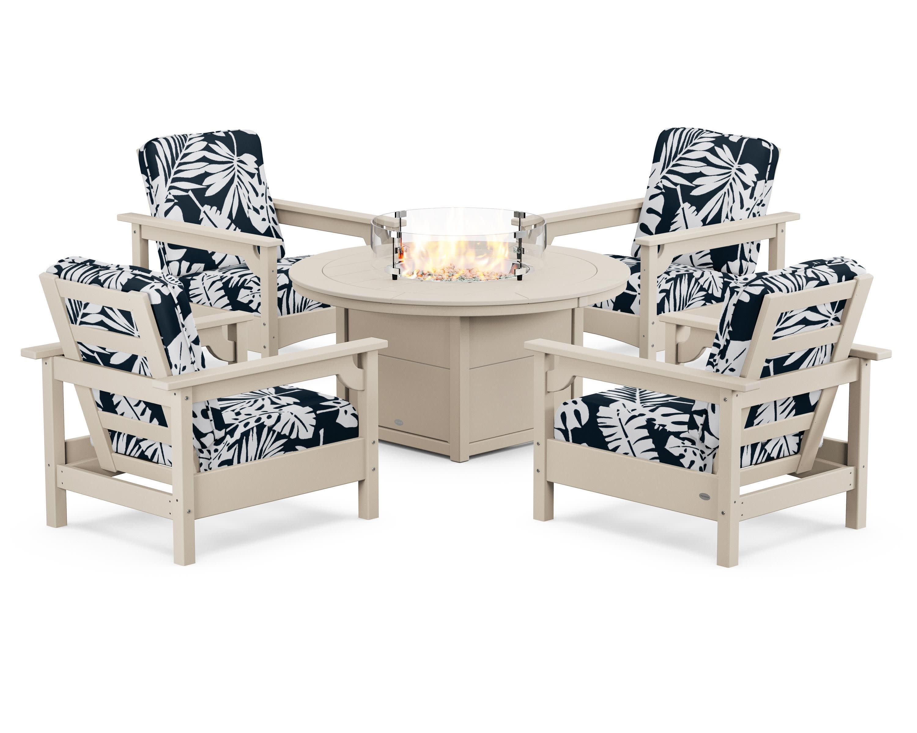 Club 5-Piece Conversation Set with Fire Pit Table in Sand / Leaf Marine Indigo
