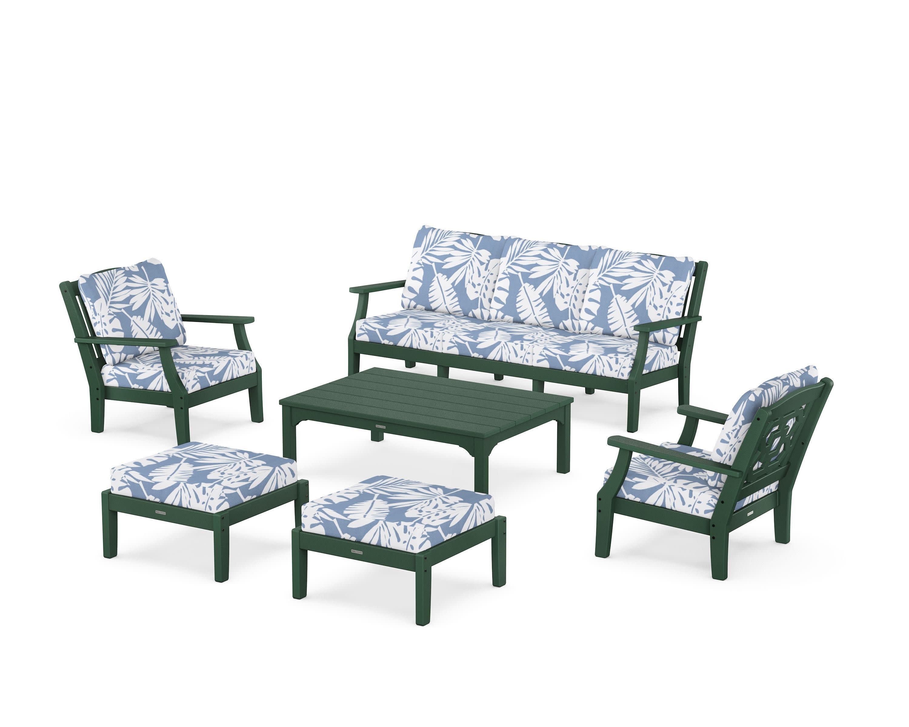 Chinoiserie 6-Piece Lounge Sofa Set in Green / Leaf Sky Blue