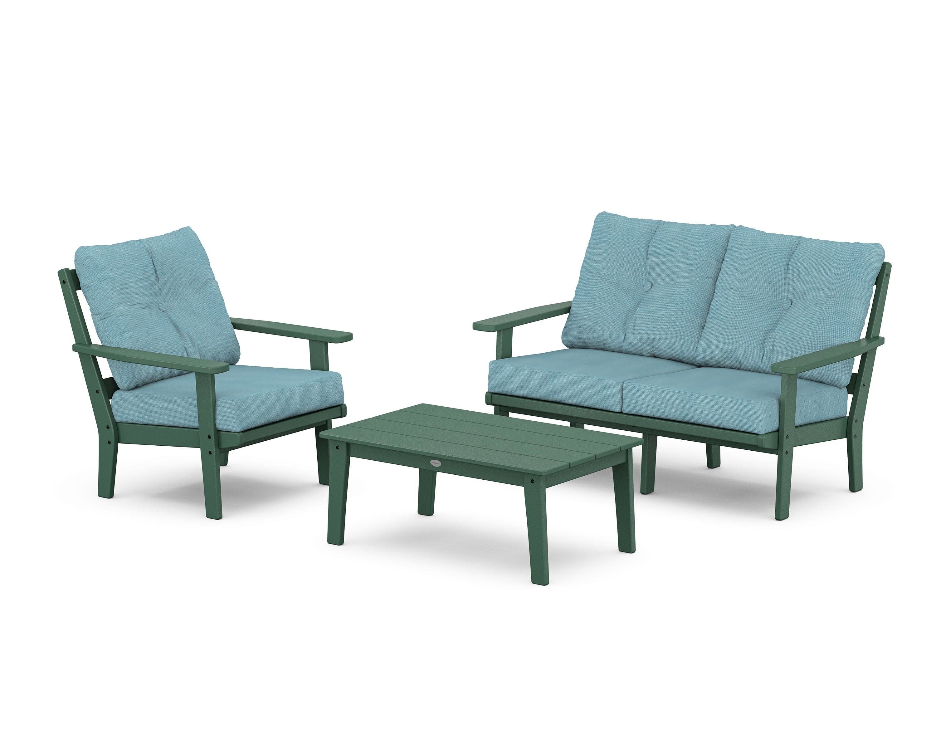 Oxford 3-Piece Deep Seating Set with Loveseat in Green / Lattice Sky Blue