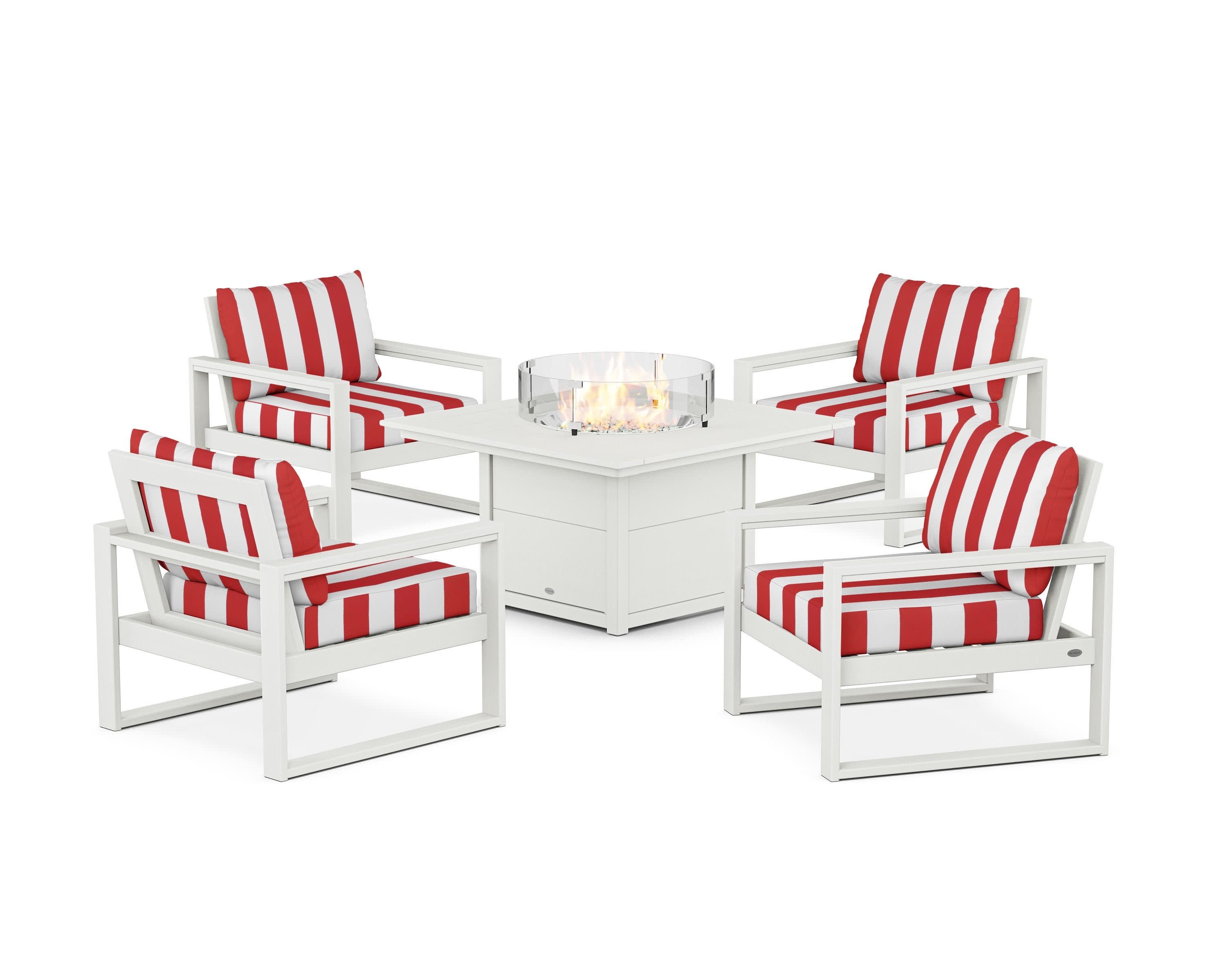 EDGE Sectional 5-Piece Deep Seating Set with Fire Pit Table in Vintage White / Cabana Stripe Crimson