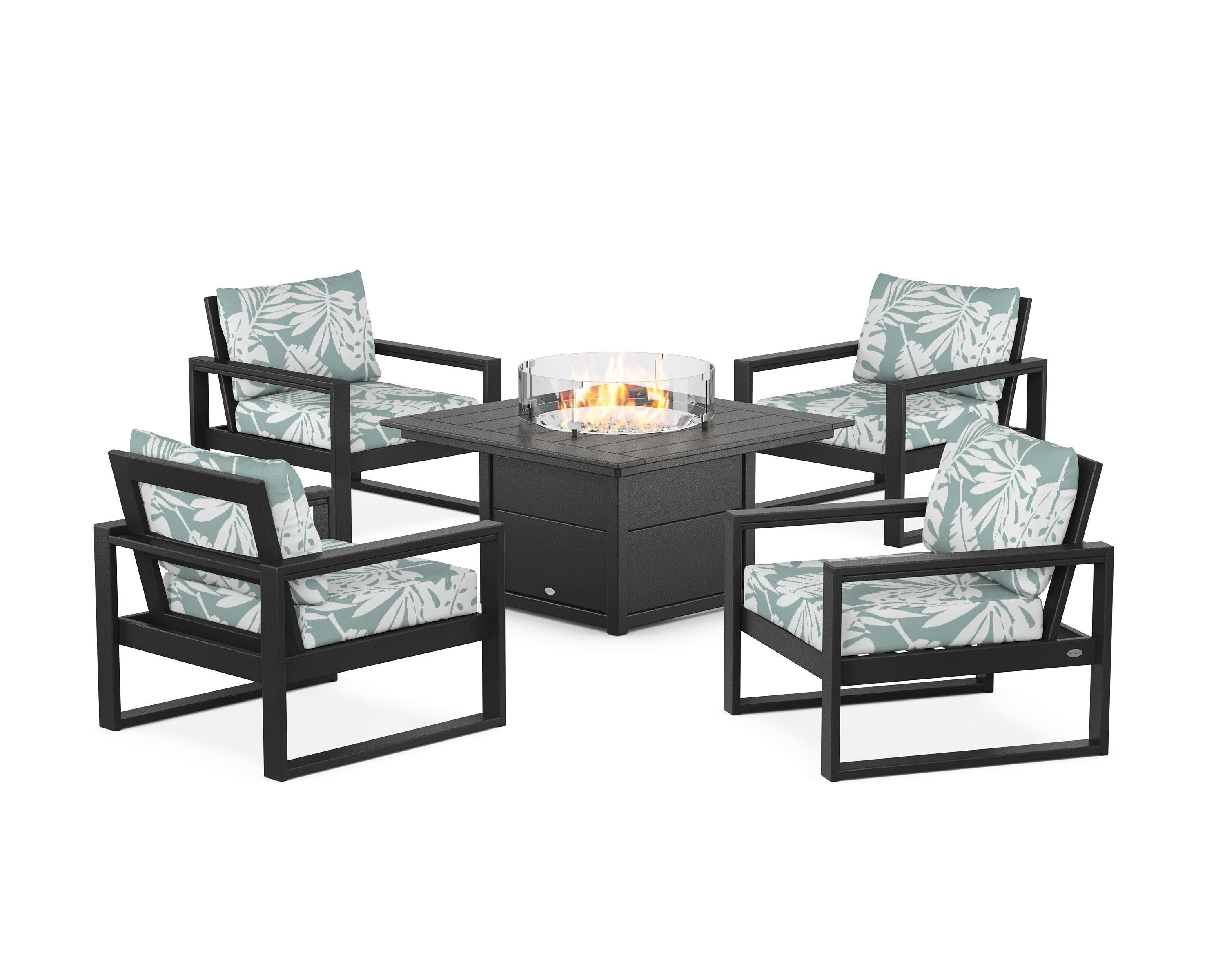 EDGE Sectional 5-Piece Deep Seating Set with Fire Pit Table in Black / Leaf Glacier Spa