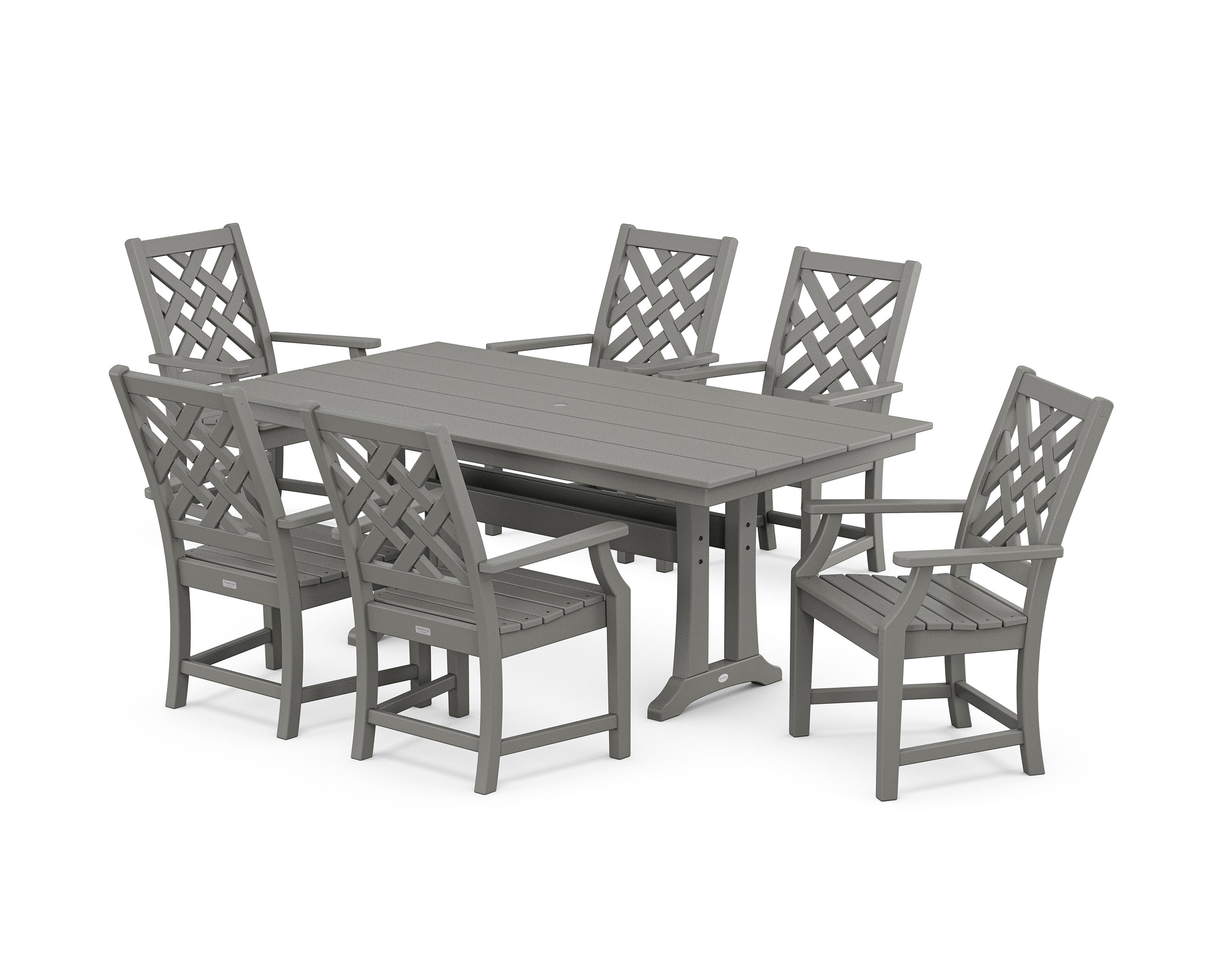 Wovendale Arm Chair 7-Piece Farmhouse Dining Set with Trestle Legs in Slate Grey