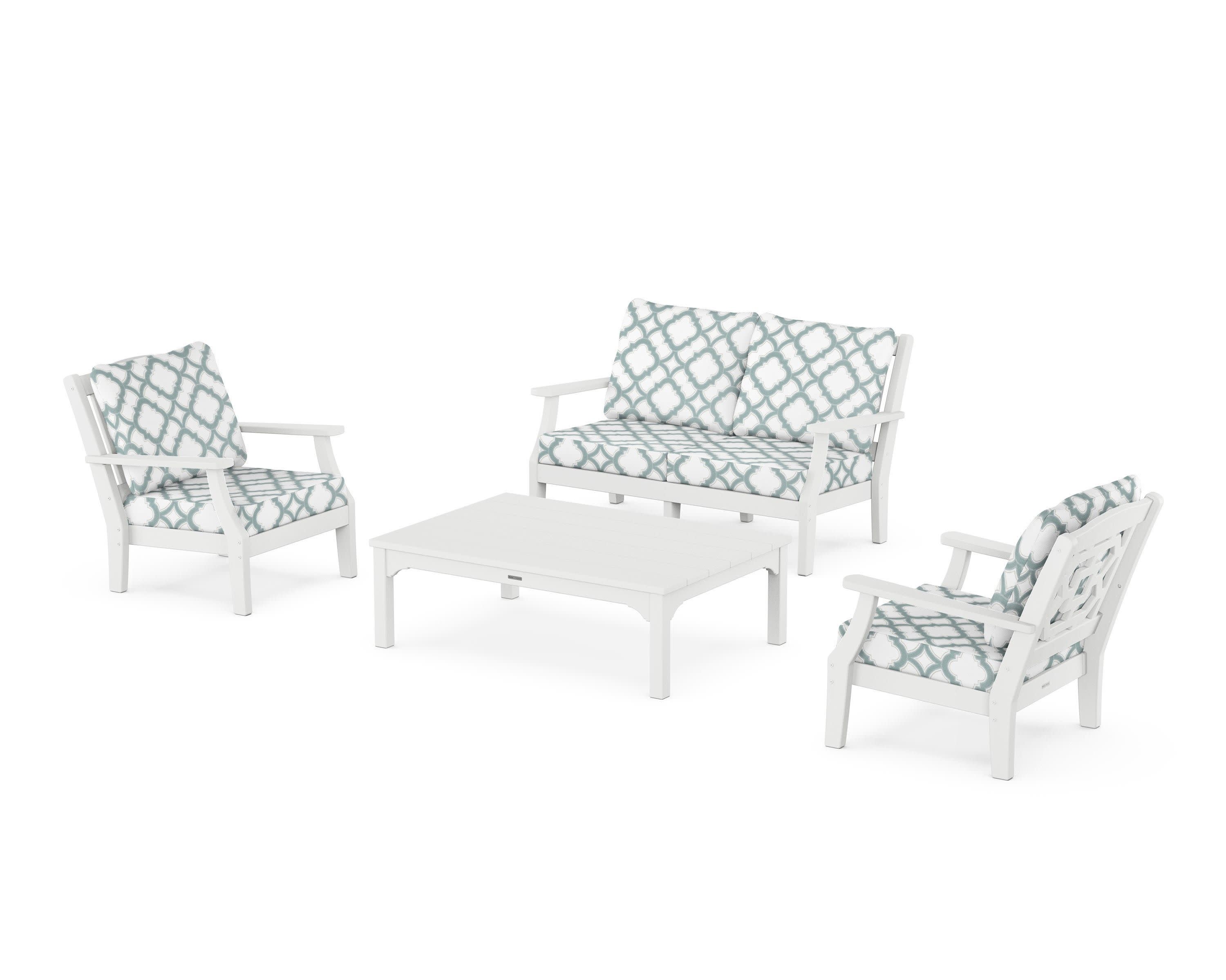 Chinoiserie 4-Piece Deep Seating Set with Loveseat in White / Trellis Glacier Spa