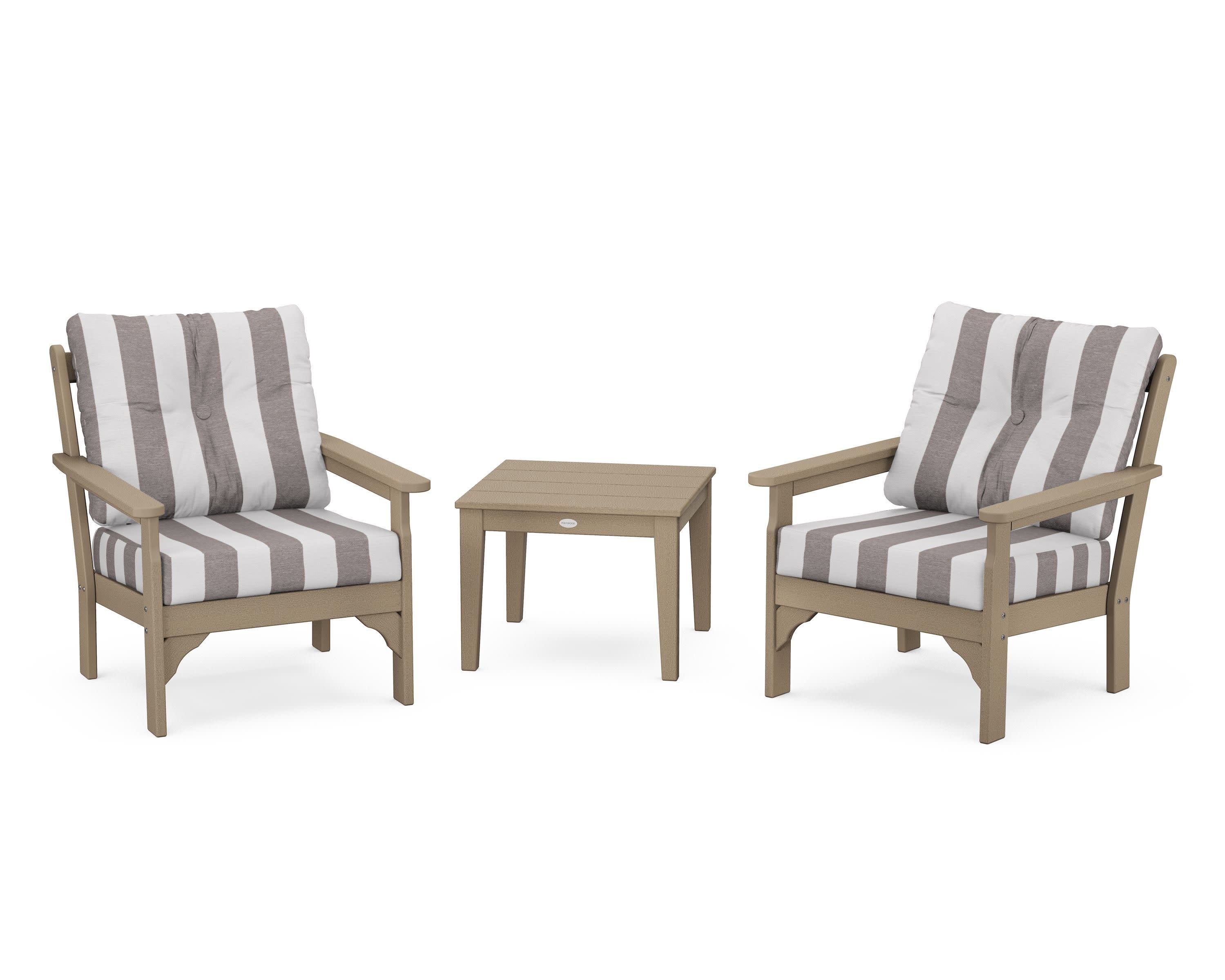 Vineyard 3-Piece Deep Seating Set in Vintage Sahara / Cabana Stripe Grey Mist