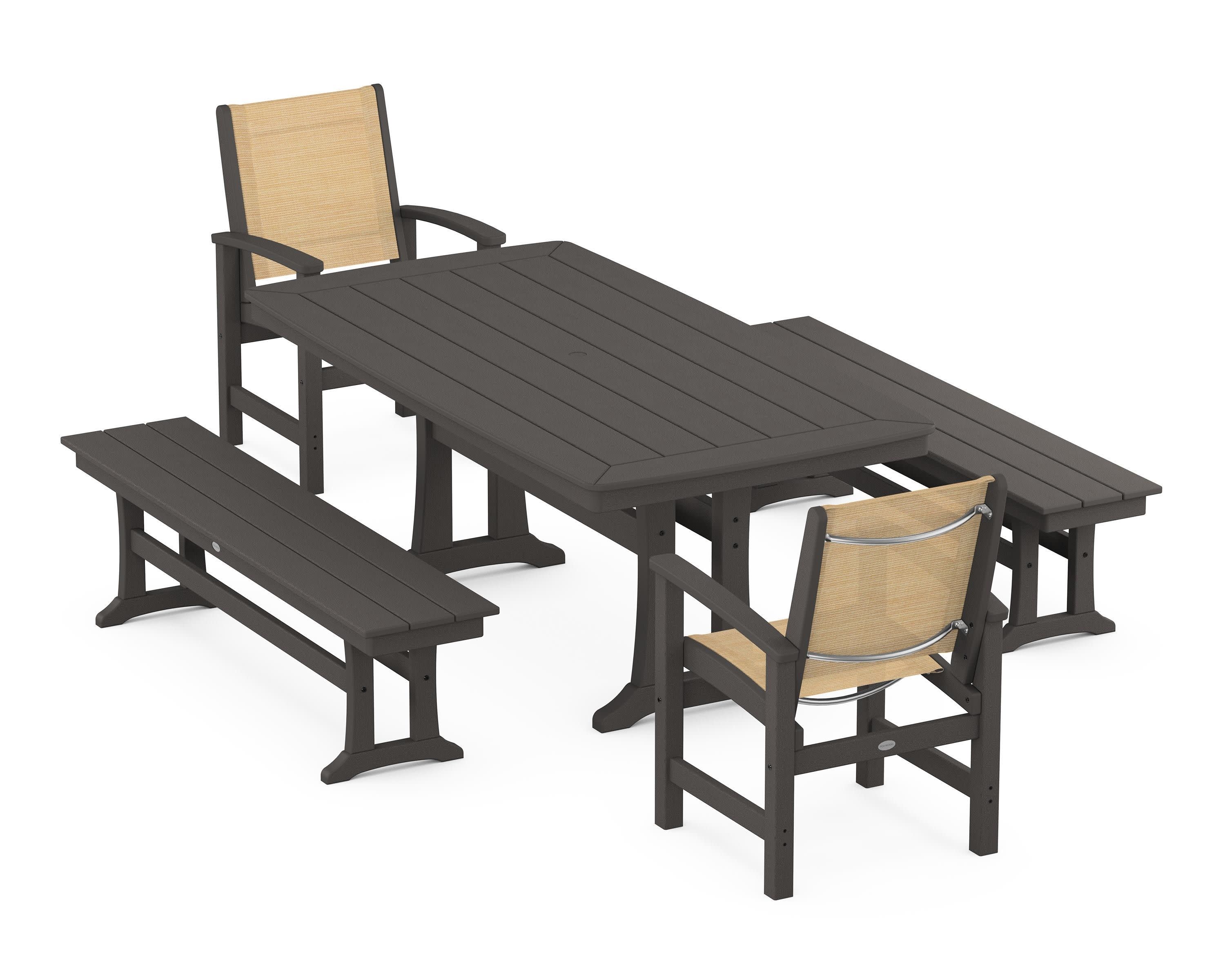 Coastal 5-Piece Dining Set with Trestle Legs and Benches in Vintage Coffee / Dupioni Apricot Sling