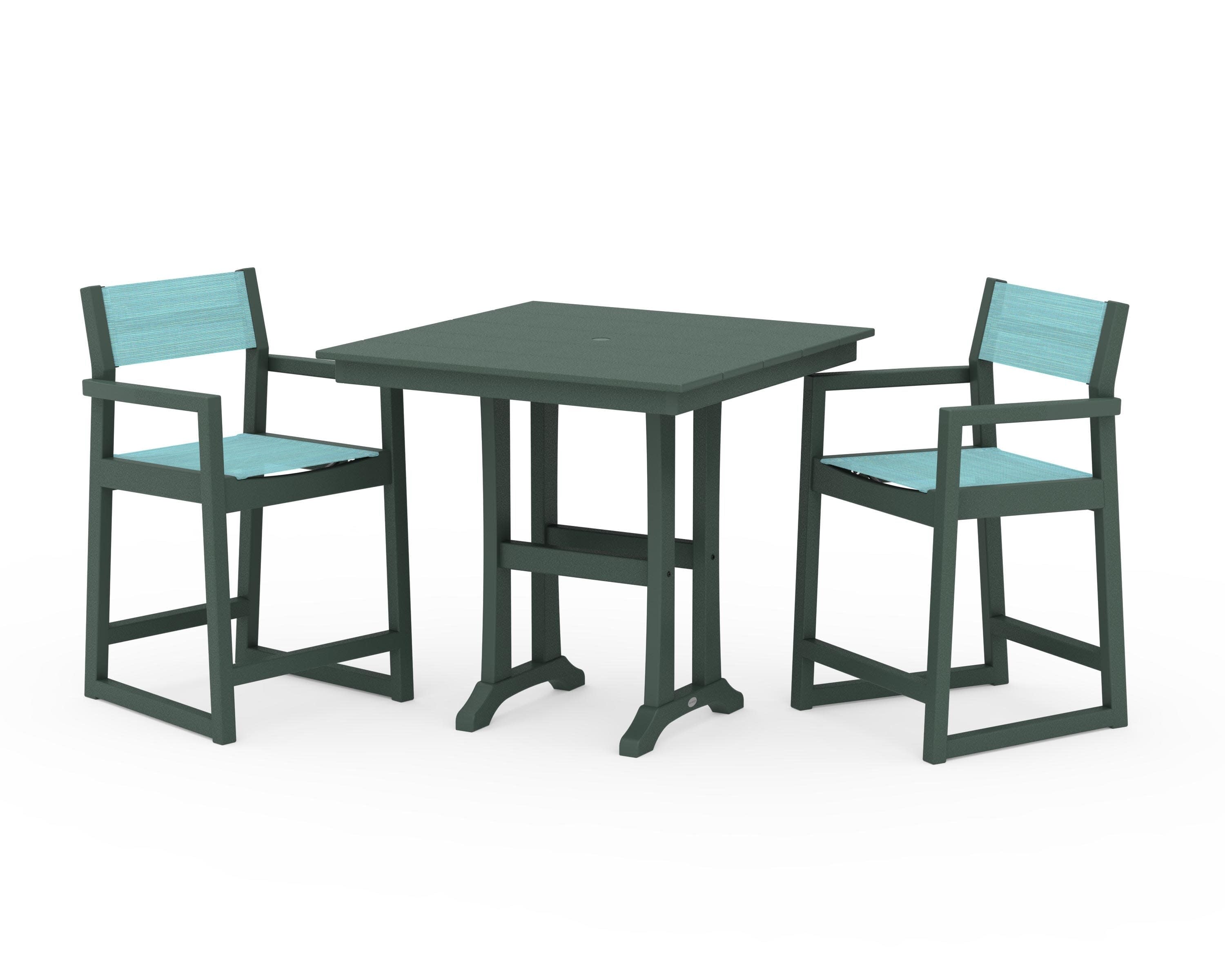 EDGE Sling Arm Chair 3-Piece Farmhouse Counter Set with Trestle Legs in Green / Dupioni Aquamarine Sling
