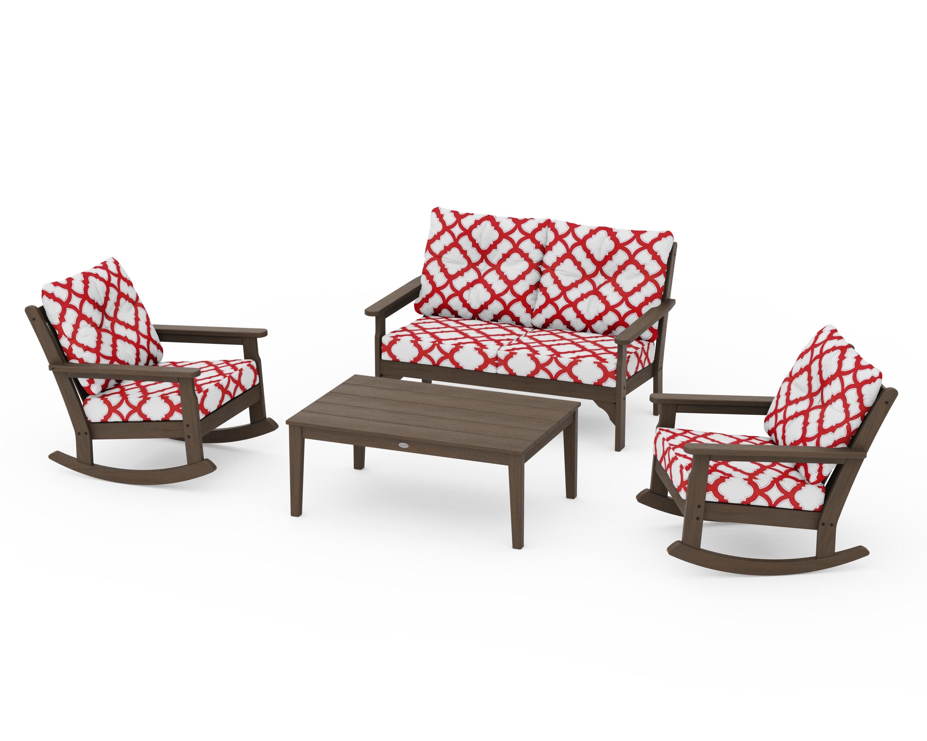 Vineyard 4-Piece Deep Seating Rocking Chair Set in Kona / Trellis Crimson