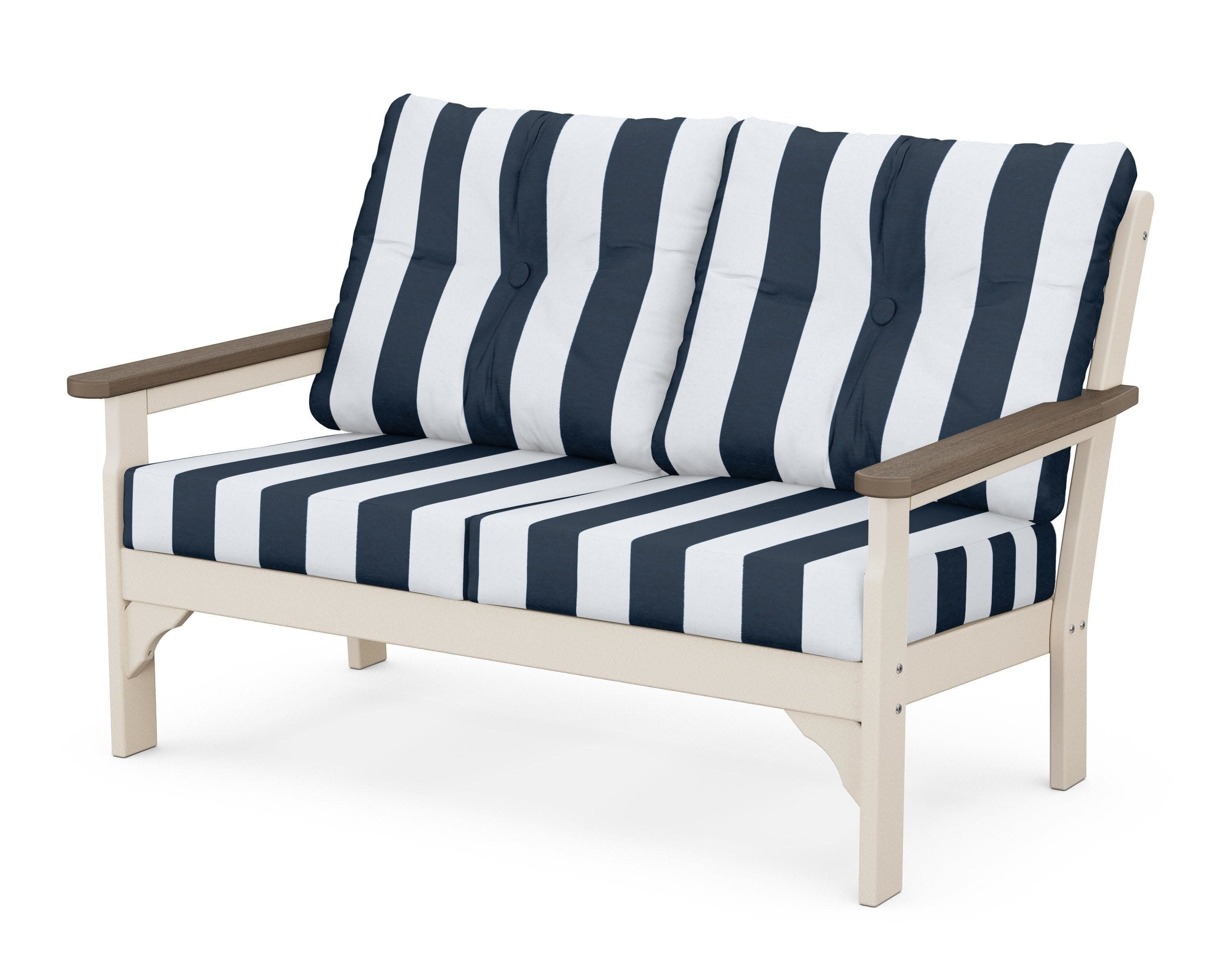 Vineyard Deep Seating Loveseat in Sand / Kona / Cabana Stripe Marine Indigo