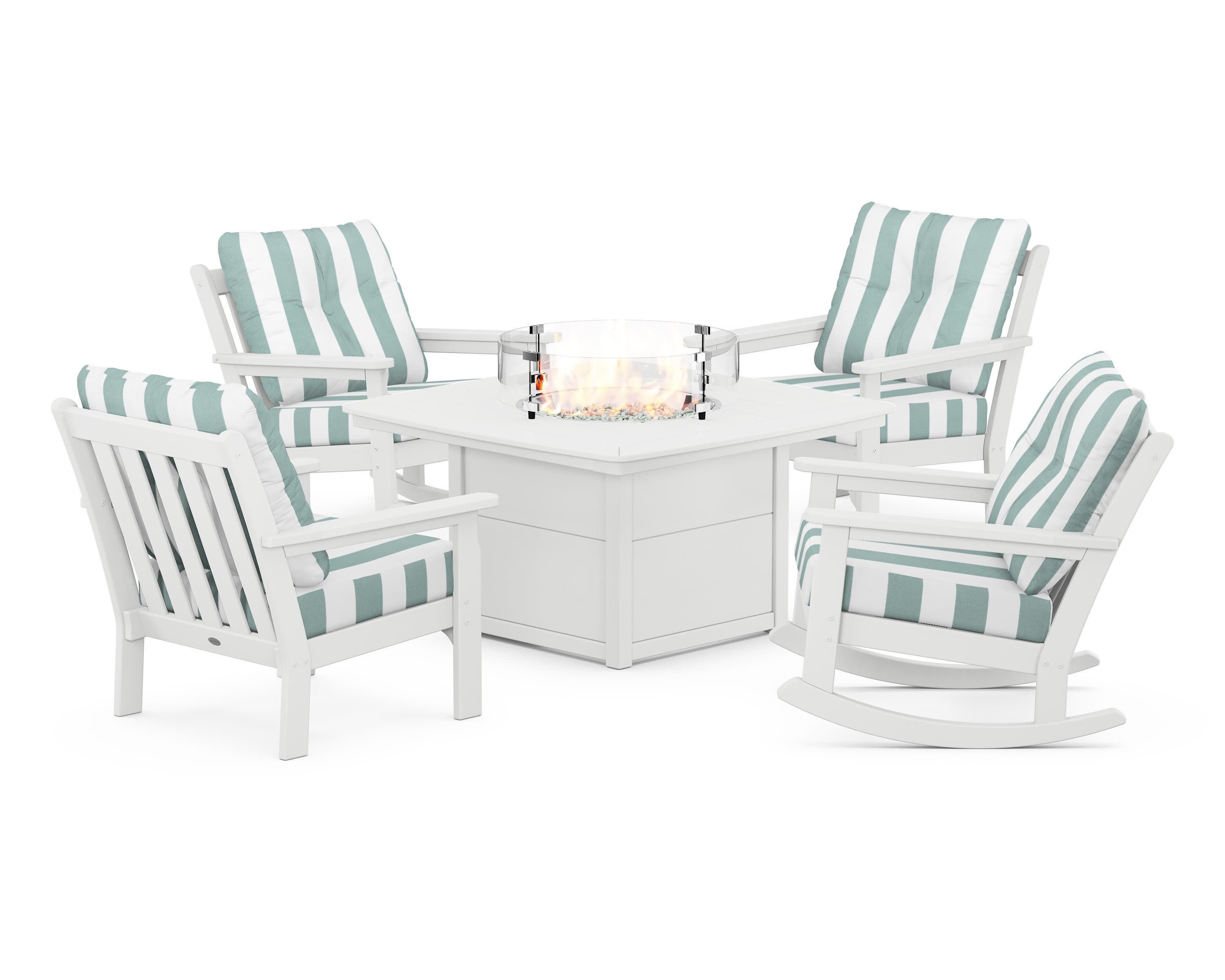 Vineyard 5-Piece Deep Seating Rocking Chair Conversation Set with Fire Pit Table in White / Cabana Stripe Glacier Spa