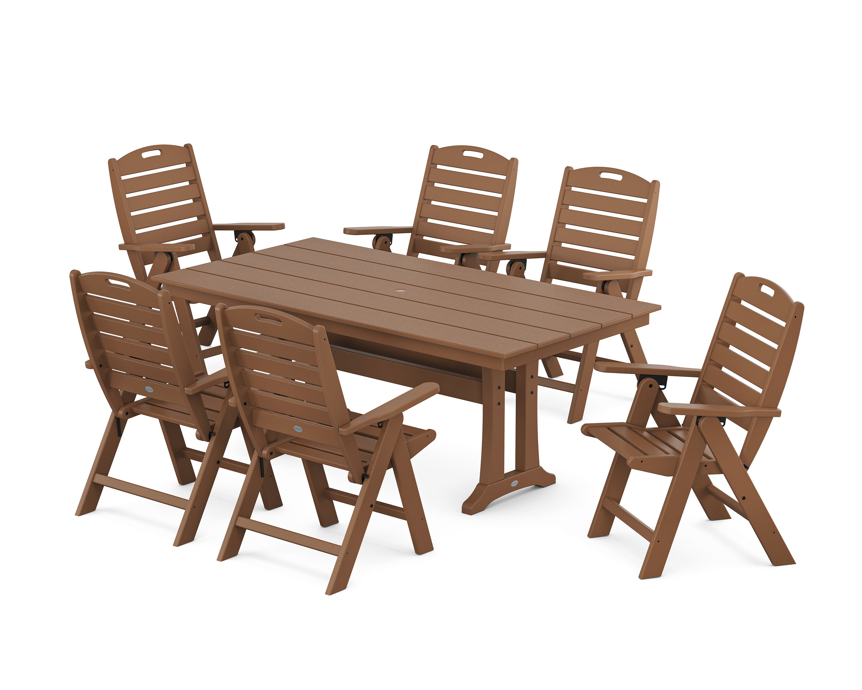 Nautical Highback 7-Piece Farmhouse Dining Set with Trestle Legs in Teak