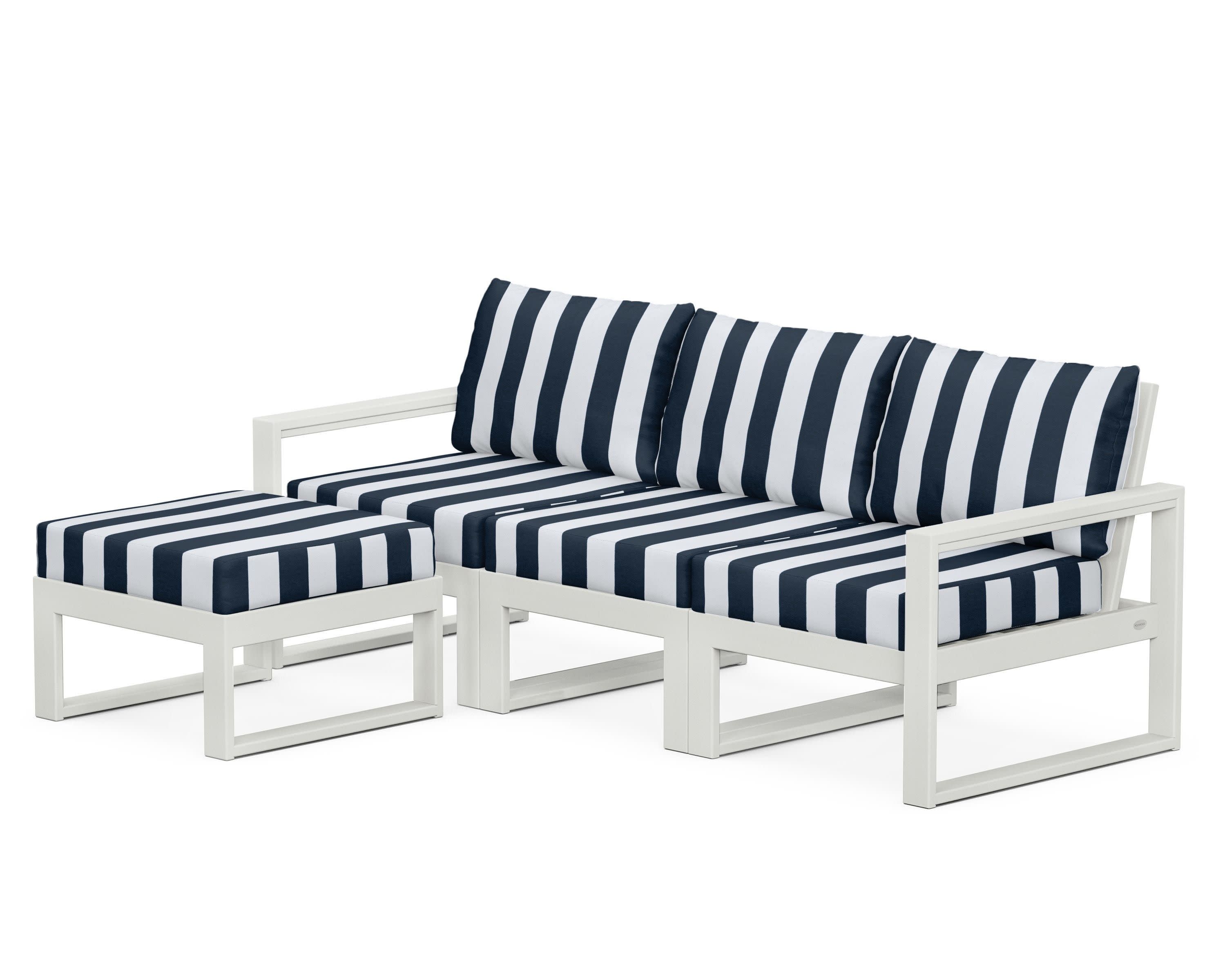 EDGE 4-Piece Modular Deep Seating Set with Ottoman in Vintage White / Cabana Stripe Marine Indigo