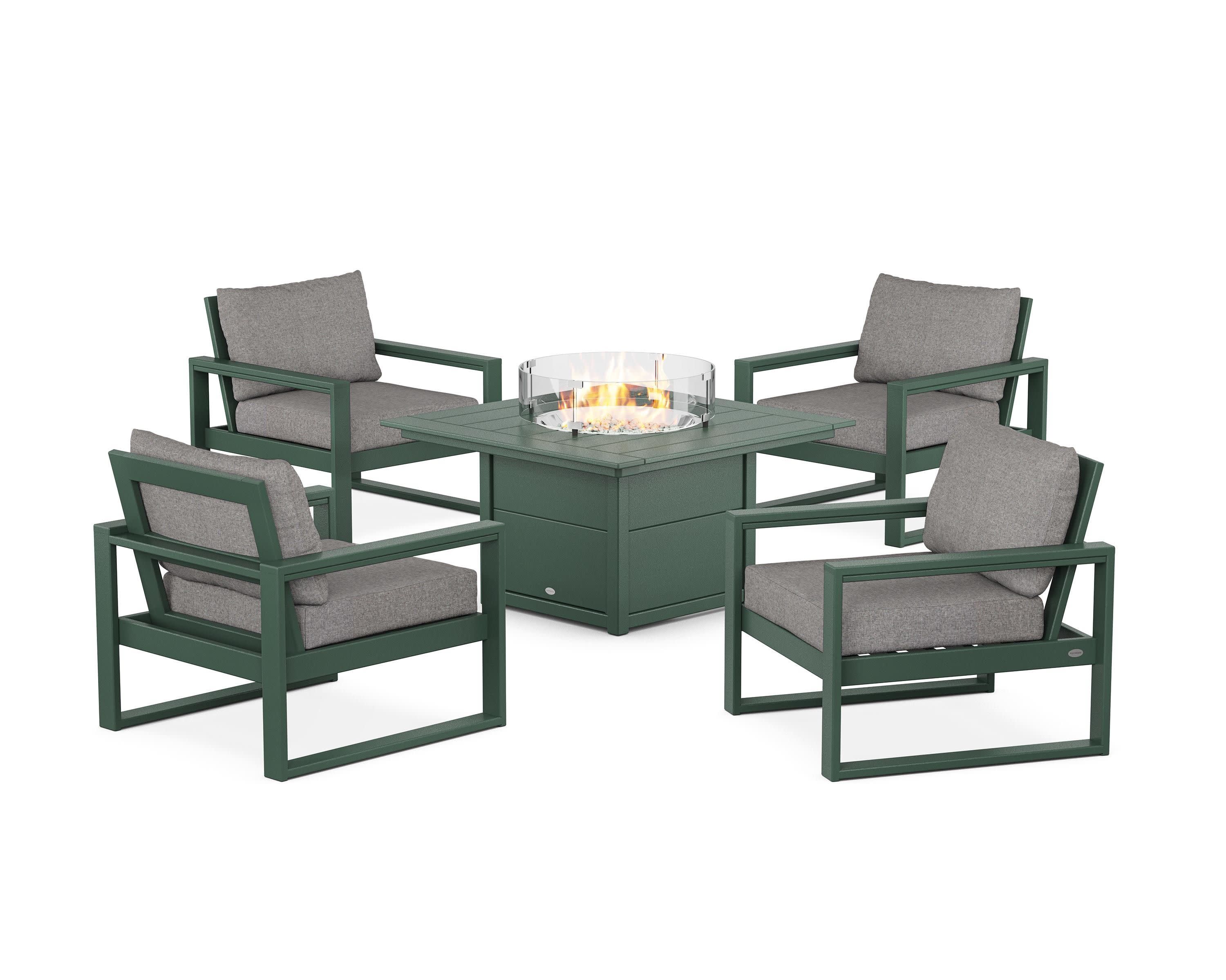 EDGE Sectional 5-Piece Deep Seating Set with Fire Pit Table in Green / Grey Mist