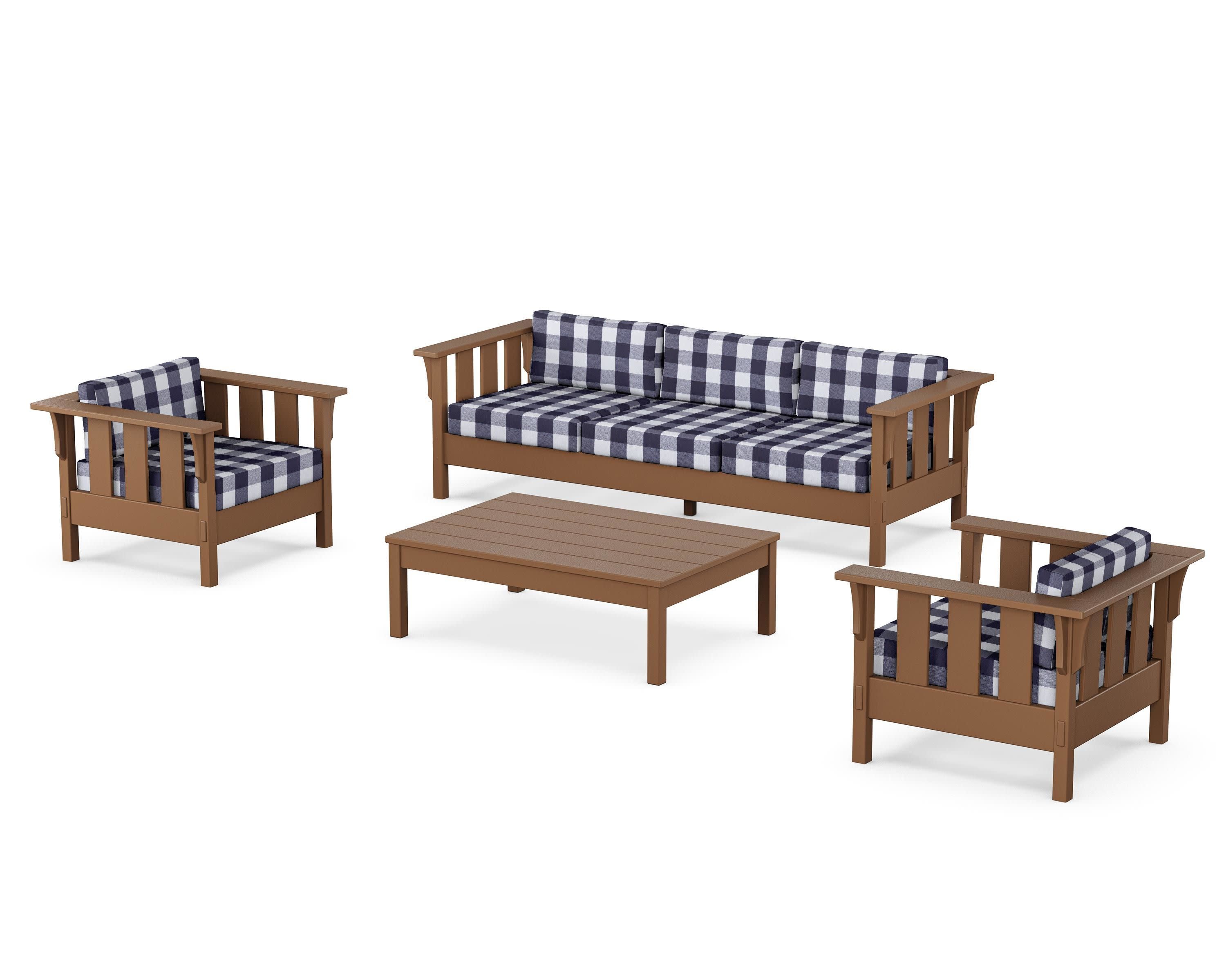 Acadia 4-Piece Deep Seating Set with Sofa in Teak / Buffalo Plaid Navy