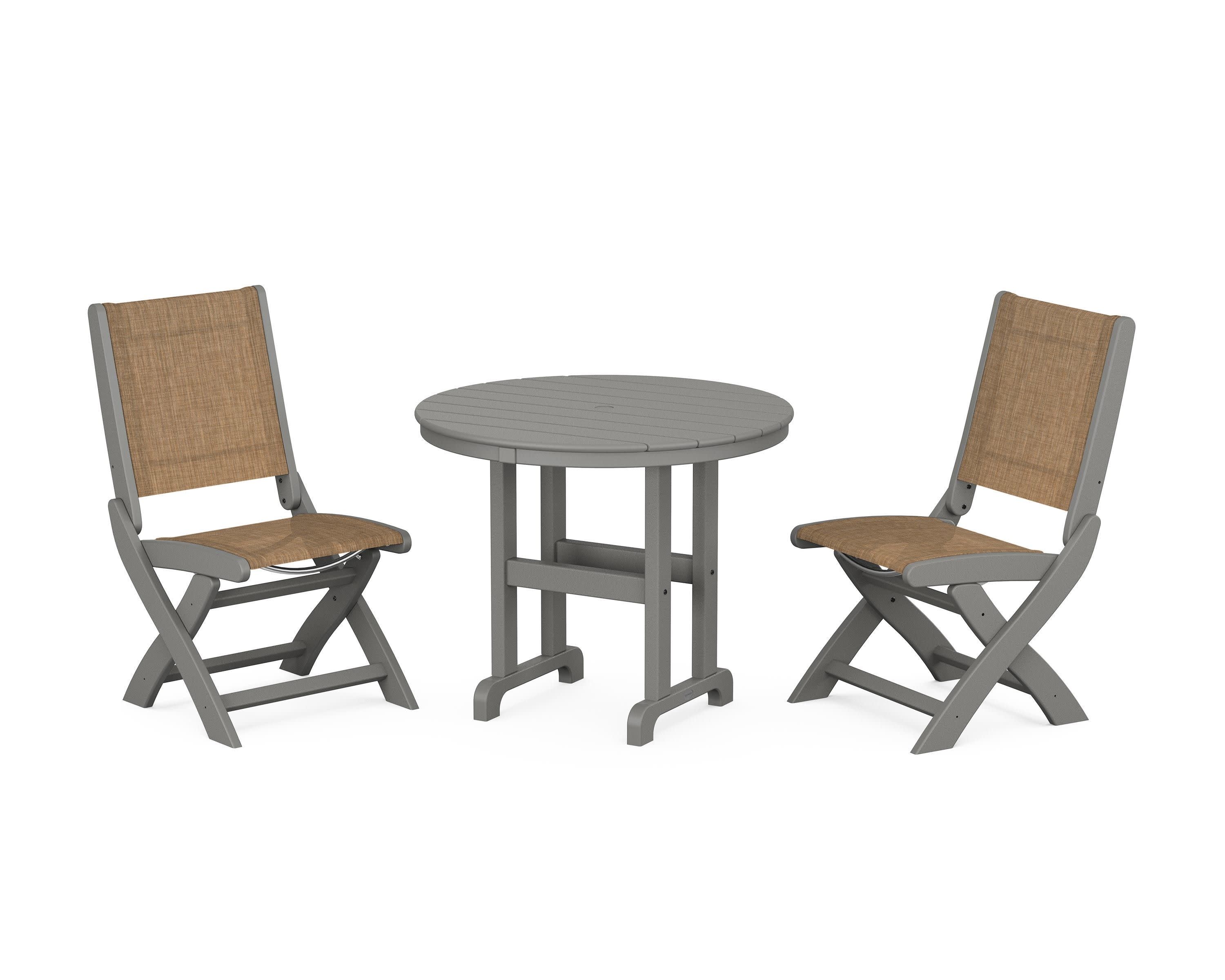Coastal Folding Side Chair 3-Piece Round Dining Set in Slate Grey / Burlap Sling
