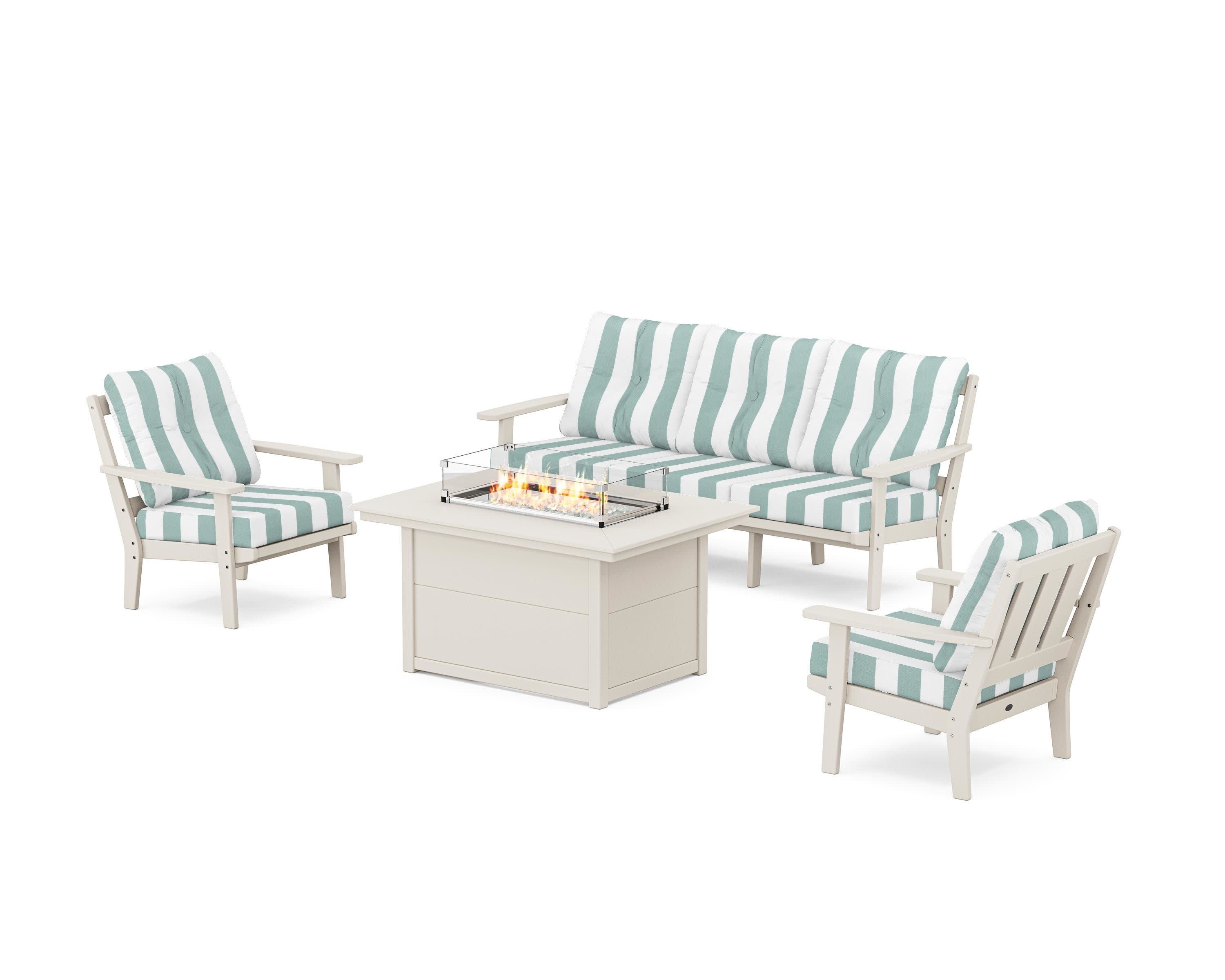 Oxford Deep Seating Fire Pit Table Set in Sand / Cabana Stripe Glacier Spa
