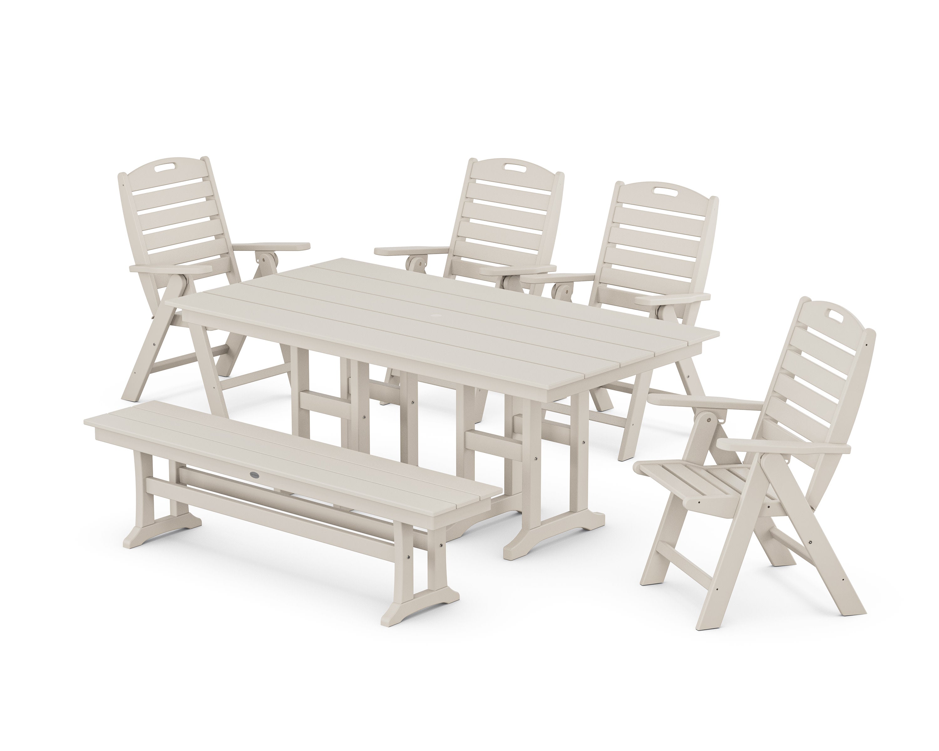 Nautical Highback 6-Piece Farmhouse Dining Set with Bench in Sand