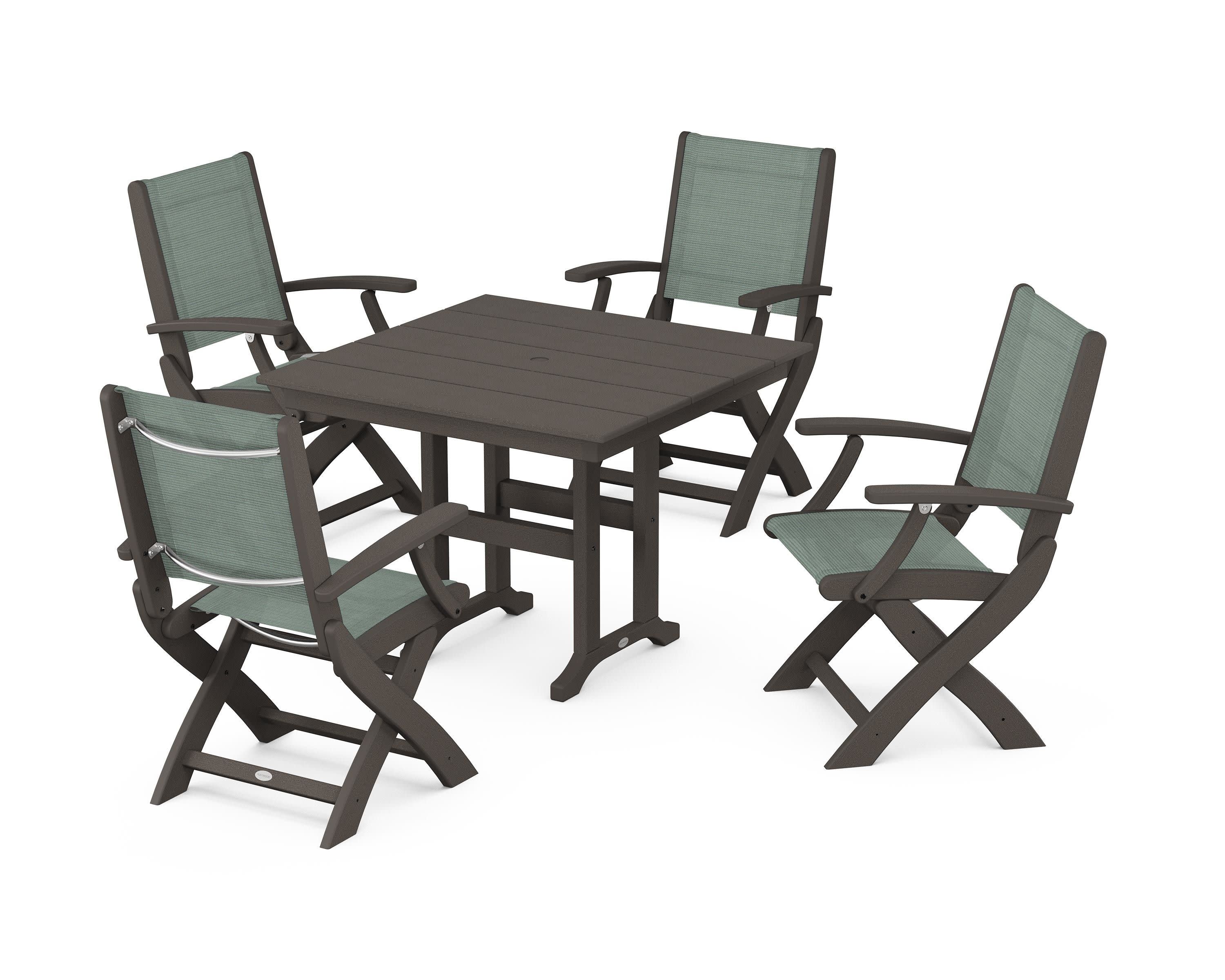 Coastal Folding Chair 5-Piece Farmhouse Dining Set in Vintage Coffee / Dupioni Sea Mist Sling