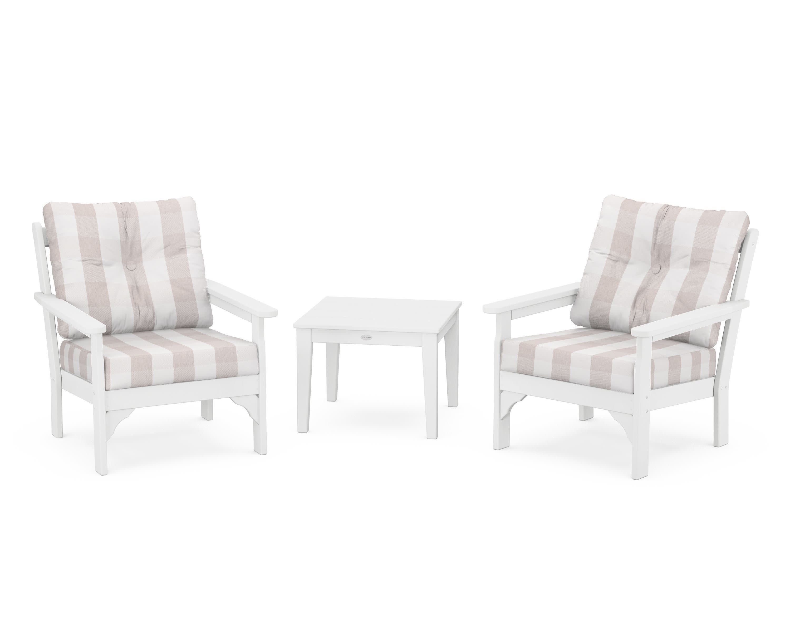 Vineyard 3-Piece Deep Seating Set in White / Buffalo Plaid Dune Burlap