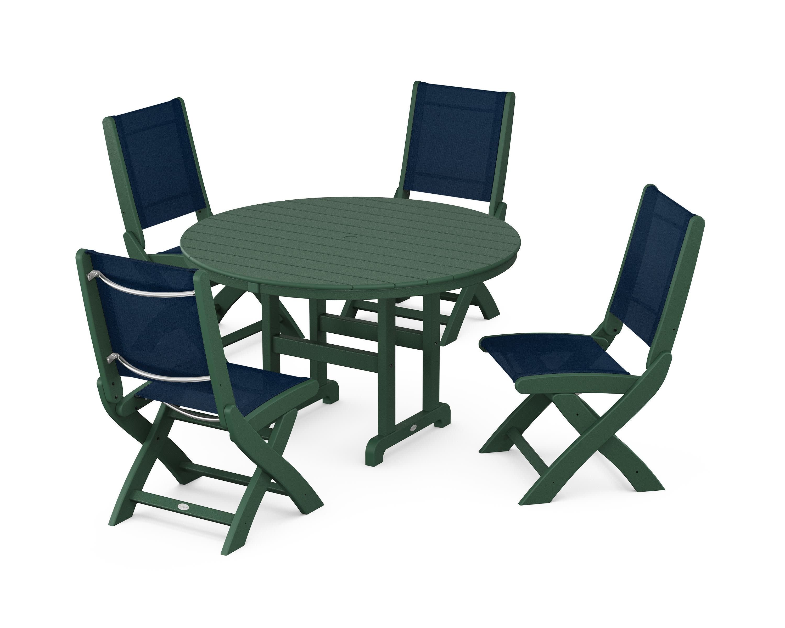 Coastal Folding Side Chair 5-Piece Round Dining Set in Green / Navy Blue Sling