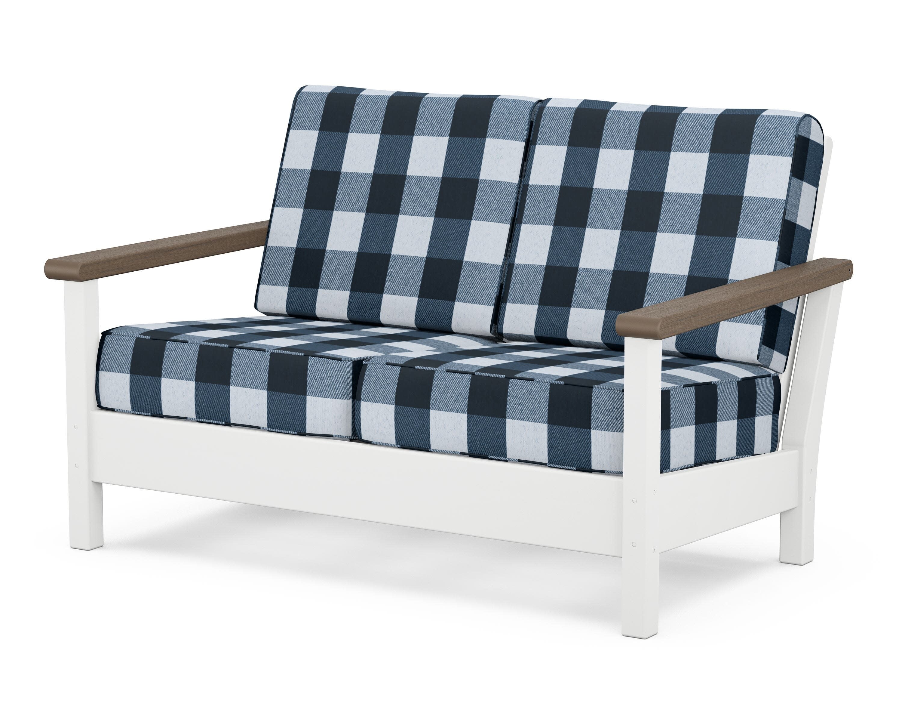 Harbour Deep Seating Loveseat in White / Kona / Buffalo Plaid Marine Indigo
