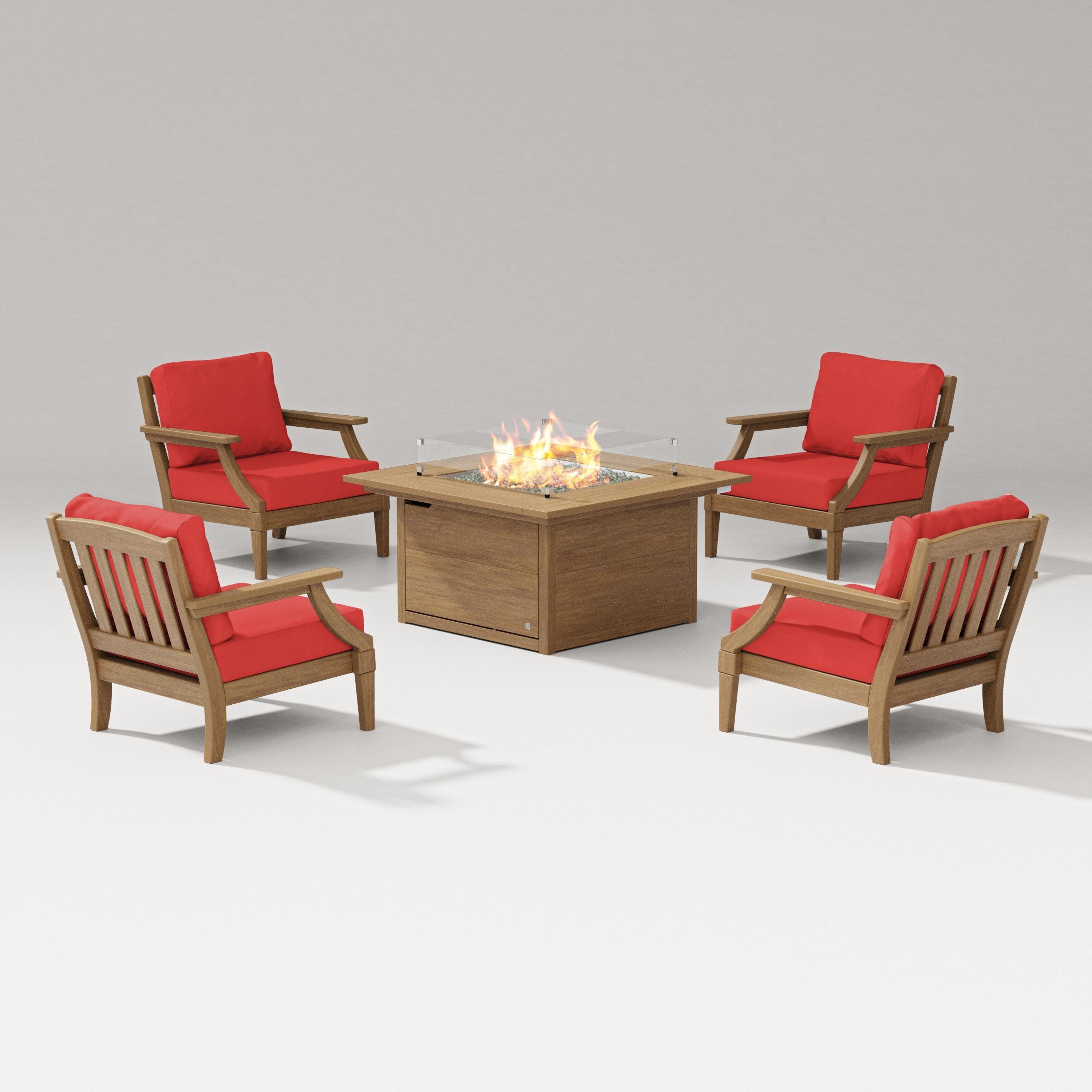 Estate 5-Piece Lounge Fire Table Set in Natural / Crimson Linen