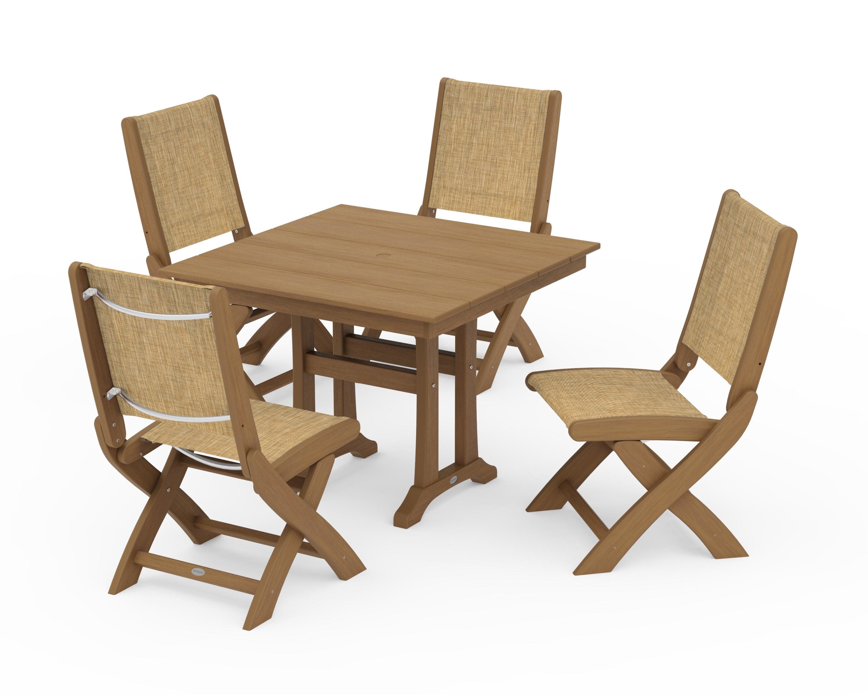 Coastal Folding Side Chair 5-Piece Farmhouse Dining Set With Trestle Legs in Natural / Burlap Sling