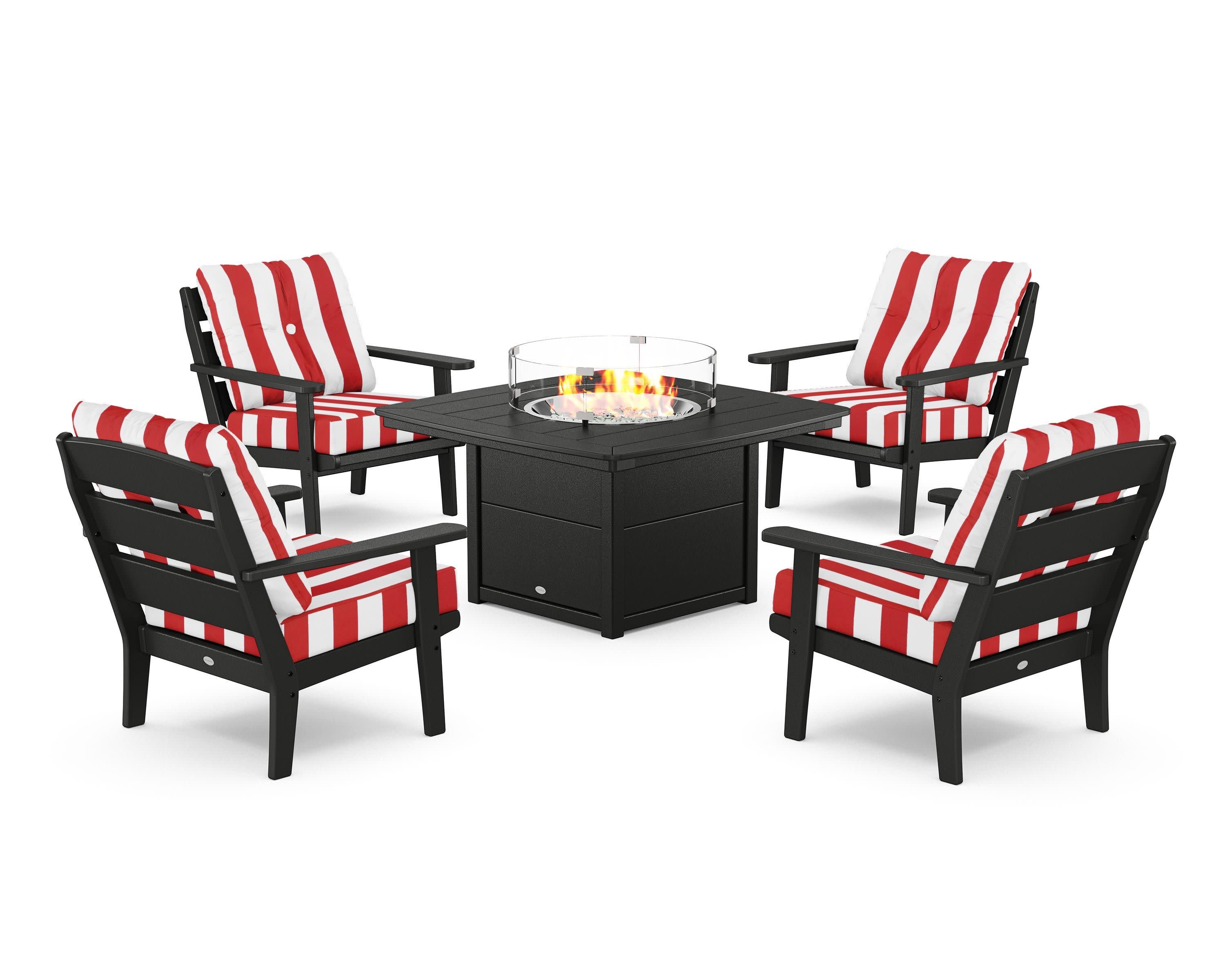 Lakeside 5-Piece Deep Seating Set with Nautical Fire Pit Table in Black / Cabana Stripe Crimson
