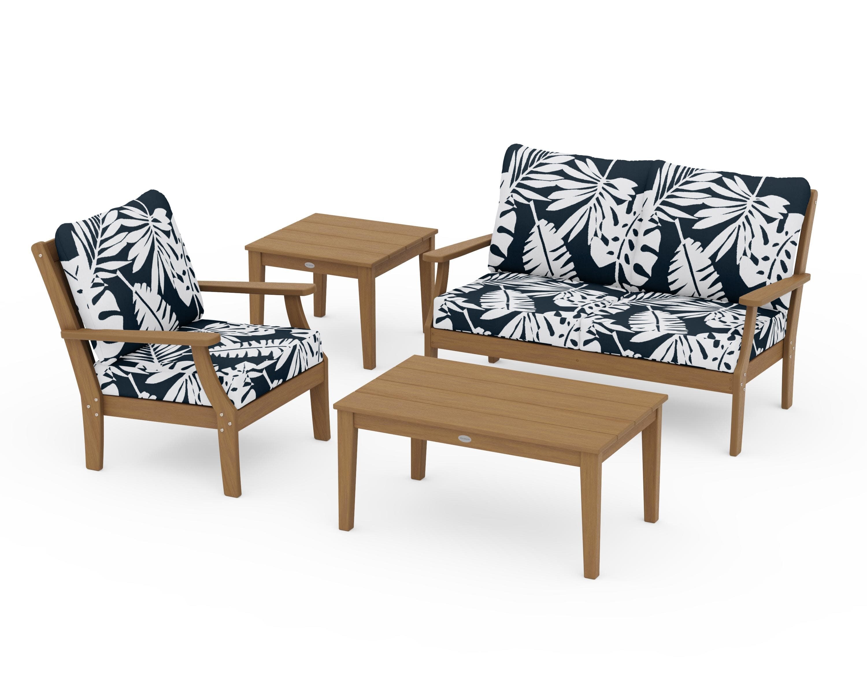 Braxton 4-Piece Deep Seating Set in Natural / Leaf Marine Indigo