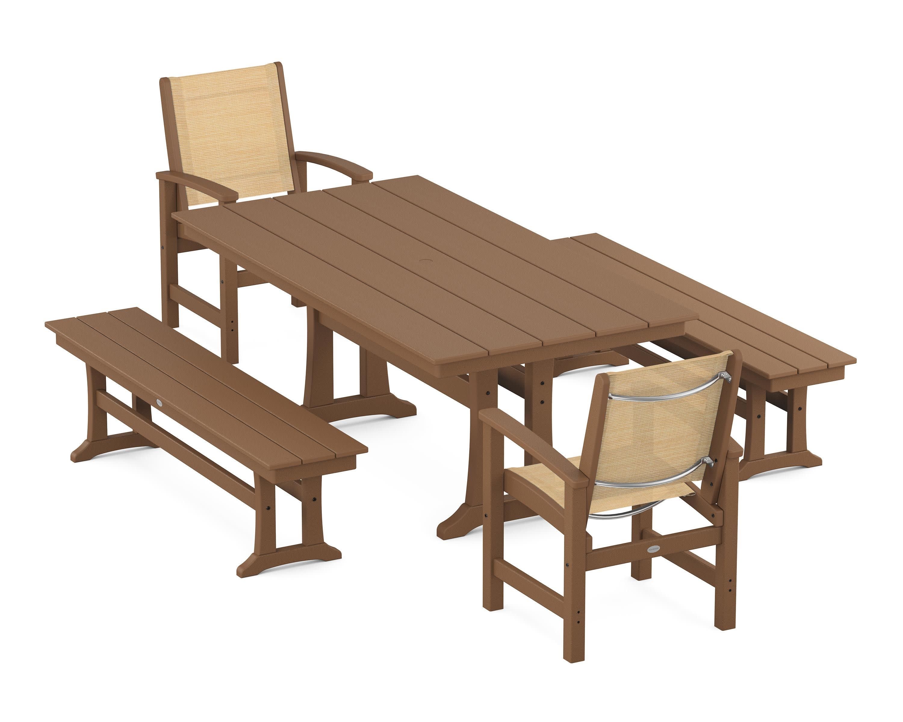 Coastal 5-Piece Farmhouse Dining Set with Trestle Legs and Benches in Teak / Dupioni Apricot Sling
