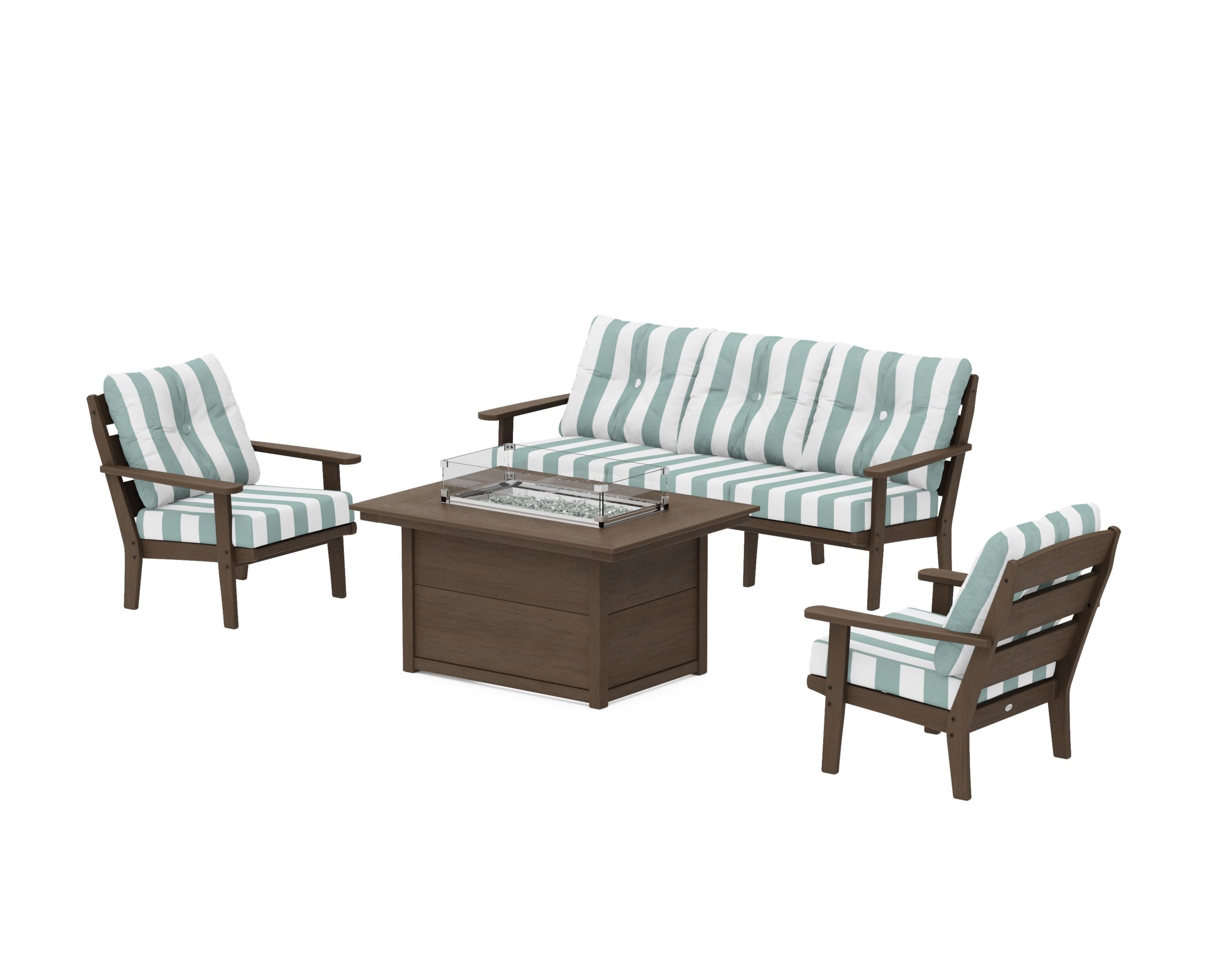 Lakeside Deep Seating Fire Pit Table Set in Kona / Cabana Stripe Glacier Spa