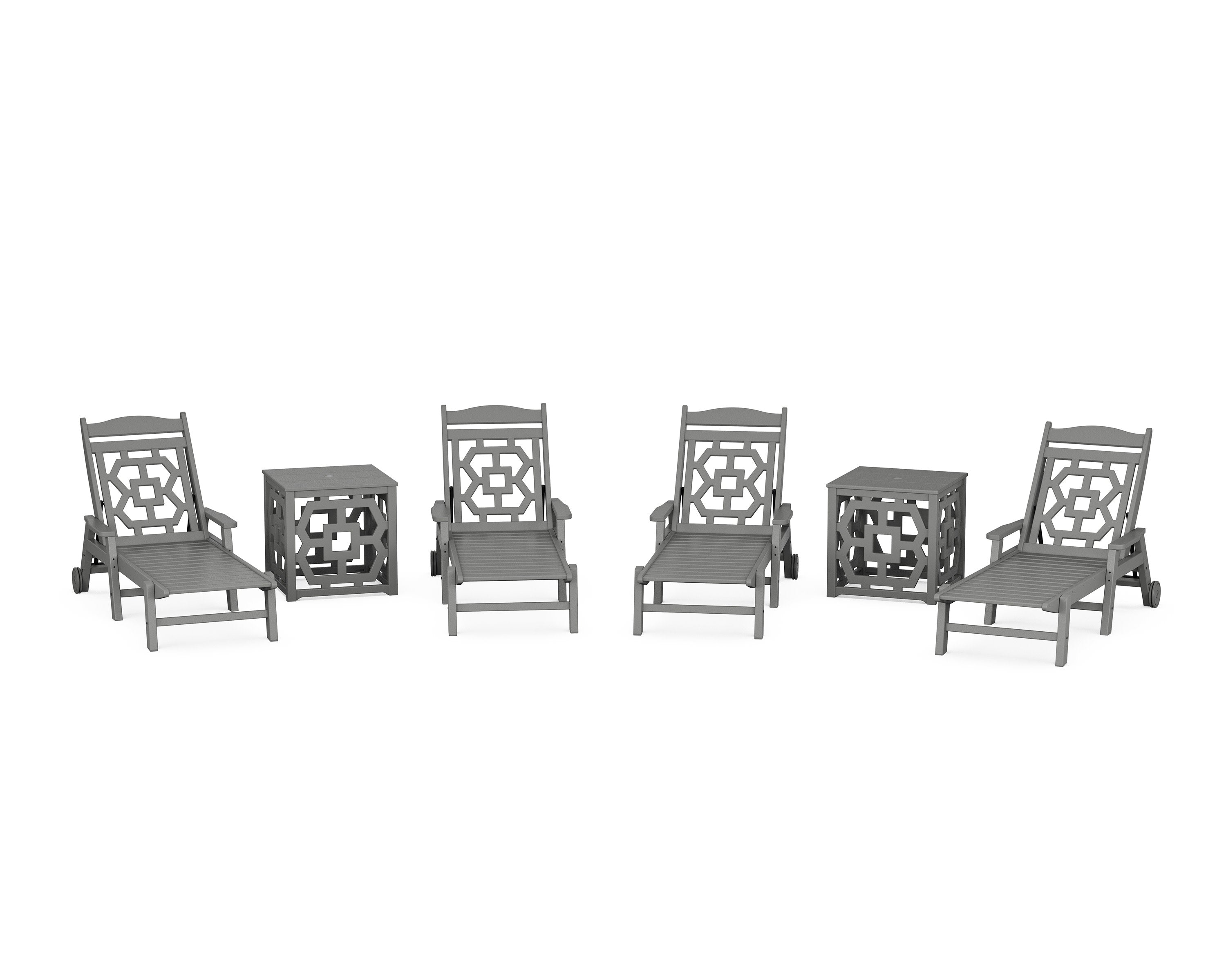 Chinoiserie 6-Piece Chaise Set with Umbrella Stand Accent Table in Slate Grey