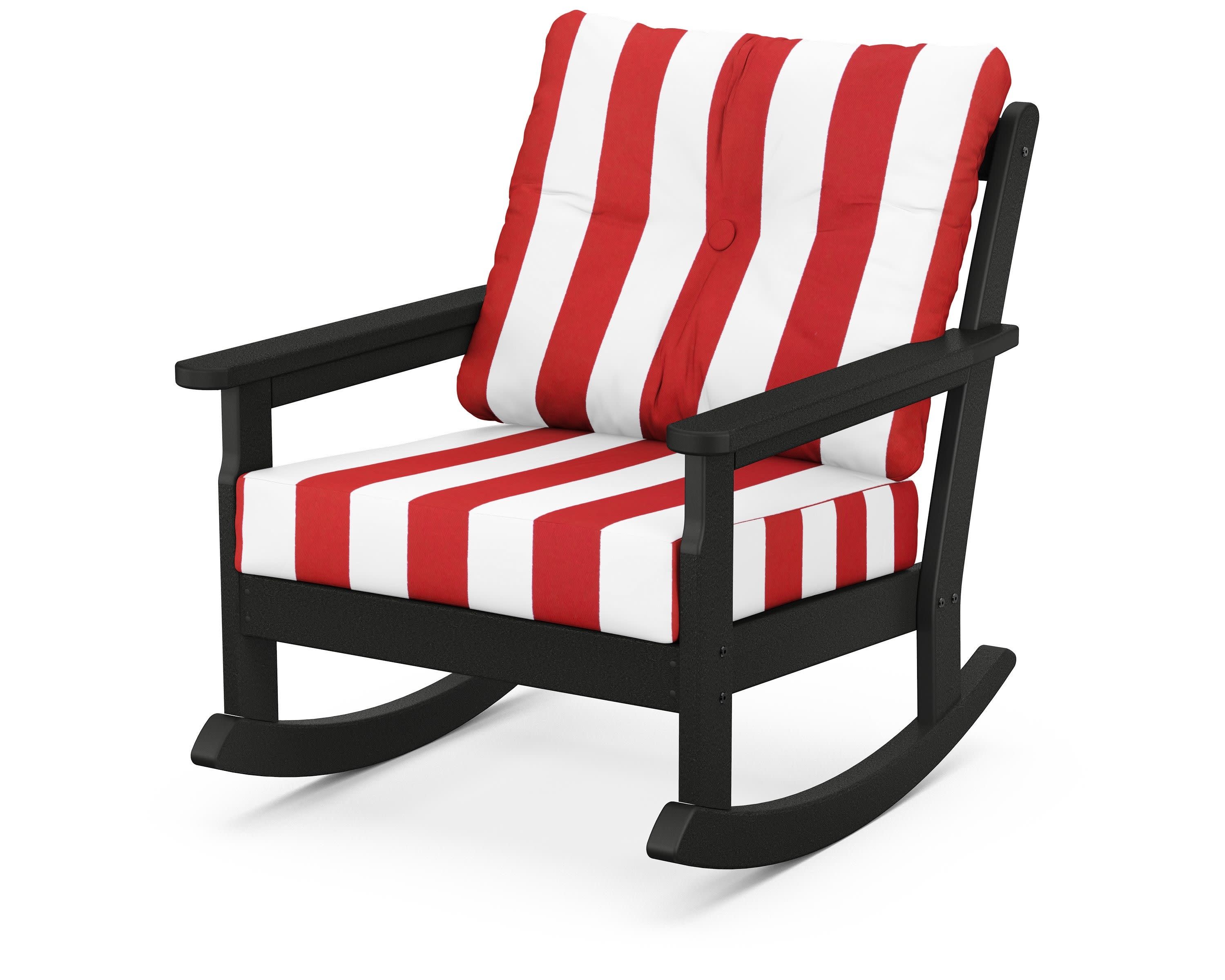 Vineyard Deep Seating Rocking Chair in Black / Cabana Stripe Crimson
