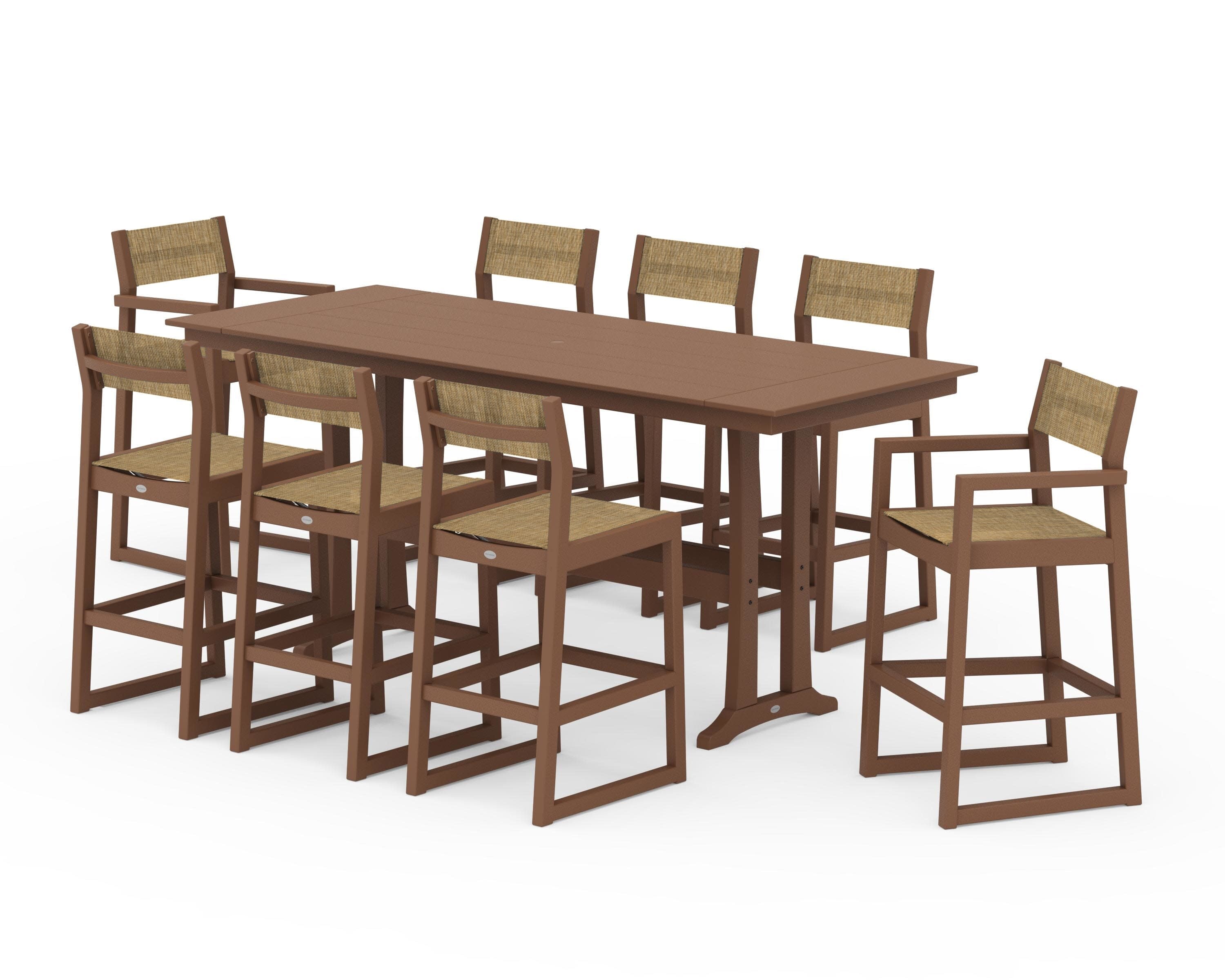 EDGE Sling 9-Piece Farmhouse Bar Set with Trestle Legs in Teak / Burlap Sling
