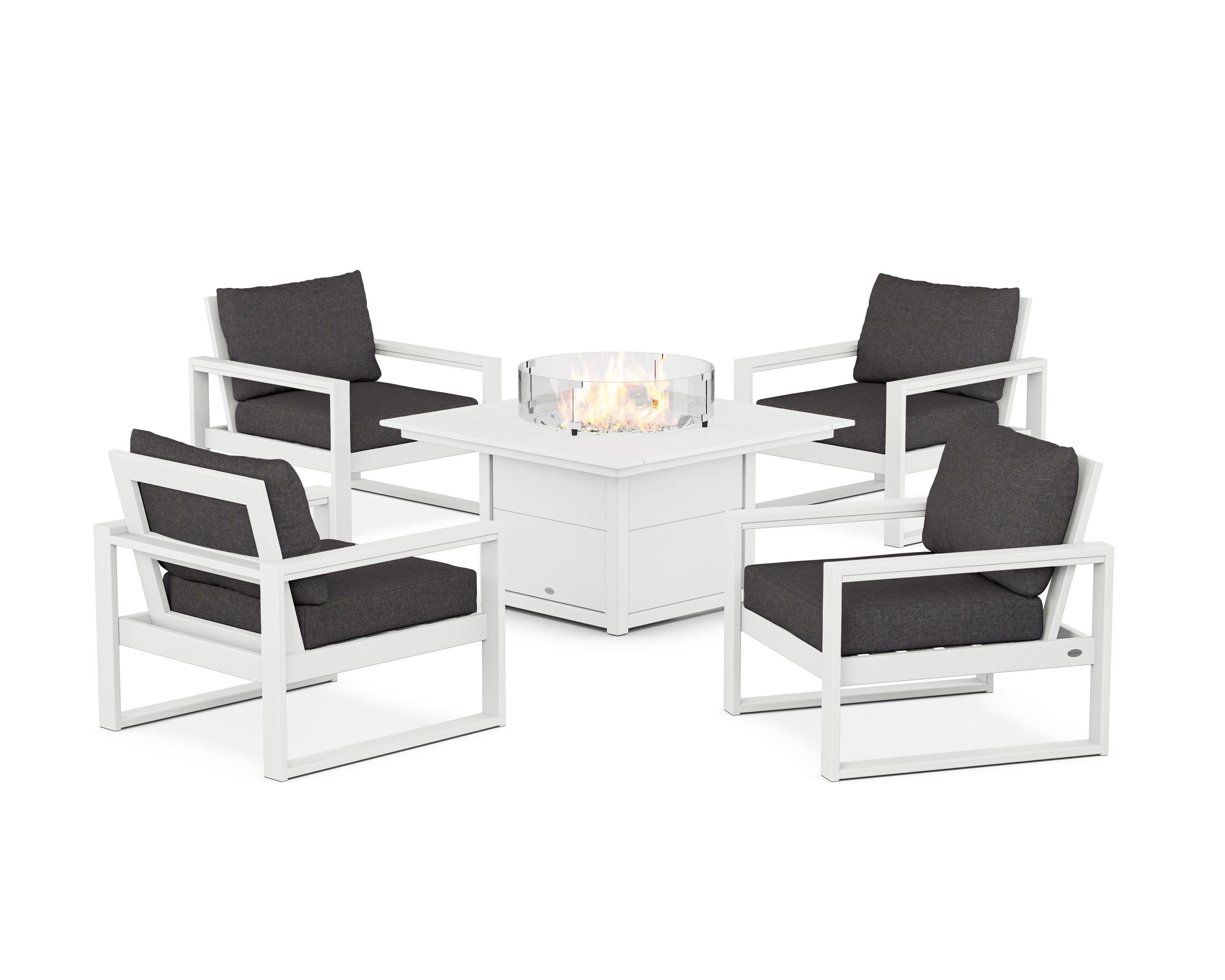 EDGE Sectional 5-Piece Deep Seating Set with Fire Pit Table in White / Ash Charcoal
