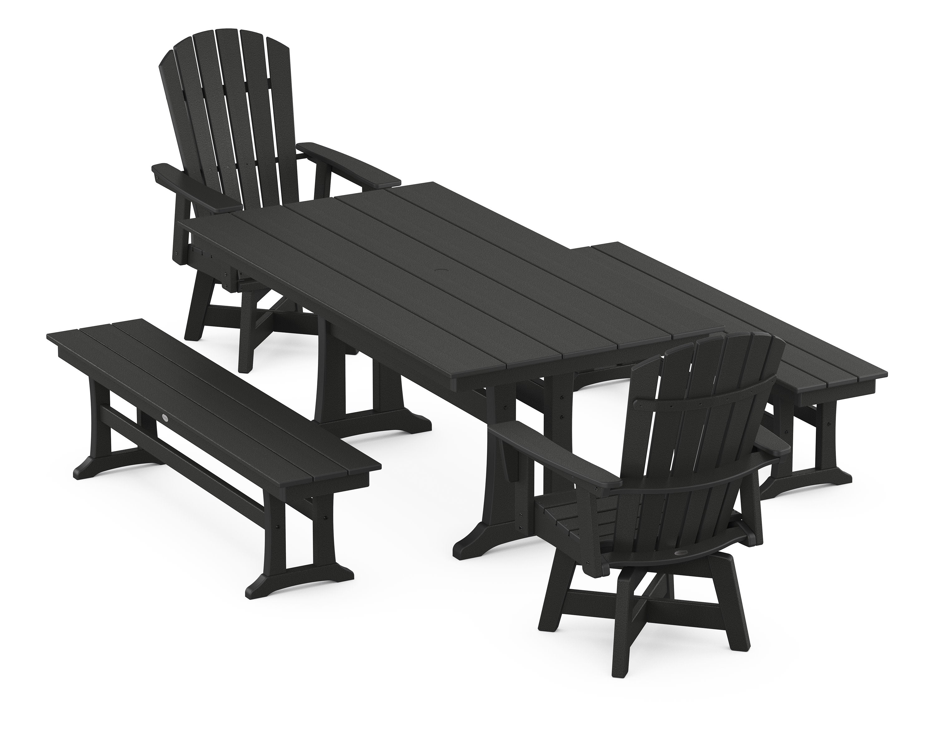 Nautical Curveback Adirondack Swivel Chair 5-Piece Farmhouse Dining Set With Trestle Legs and Benches in Black