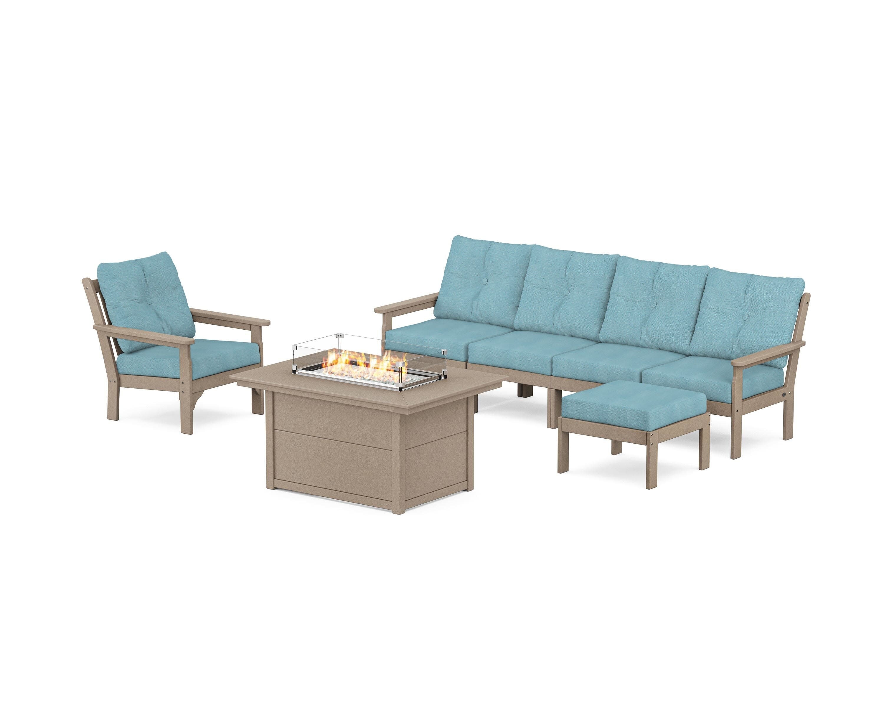 Vineyard Sectional Lounge and Fire Pit Set in Vintage Sahara / Lattice Sky Blue