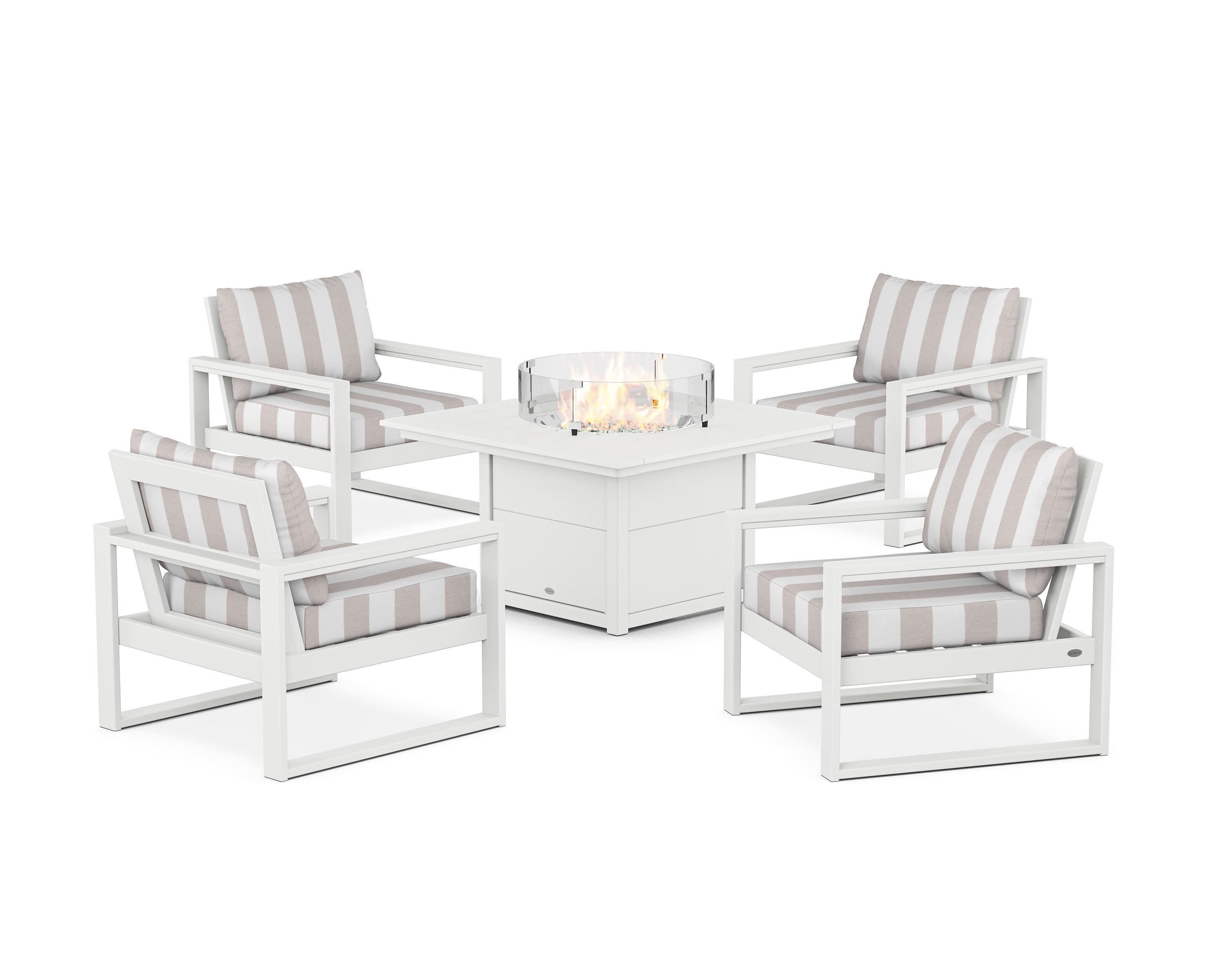 EDGE Sectional 5-Piece Deep Seating Set with Fire Pit Table in White / Cabana Stripe Dune Burlap