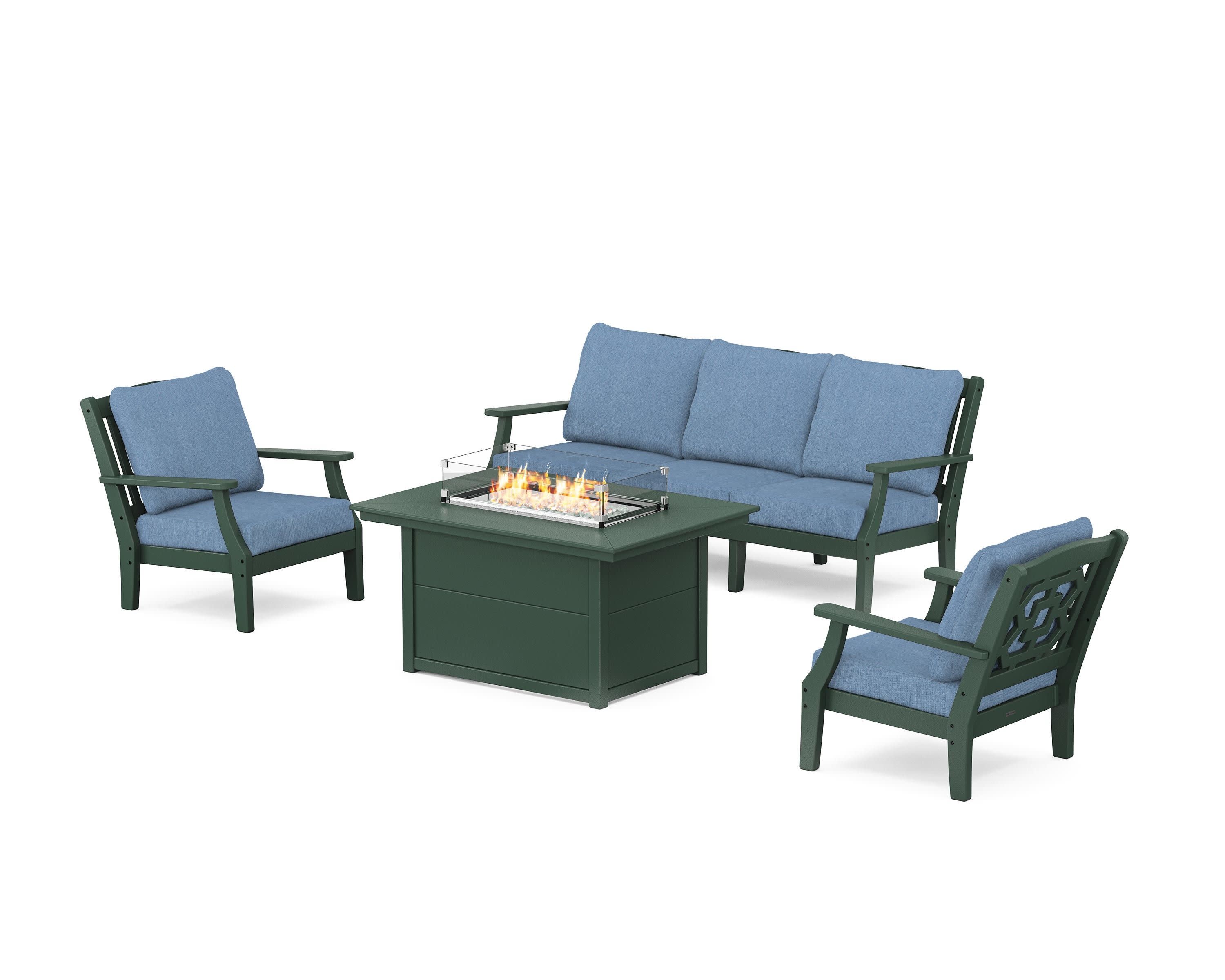 Chinoiserie Deep Seating Fire Pit Table Set in Green / Sky Blue