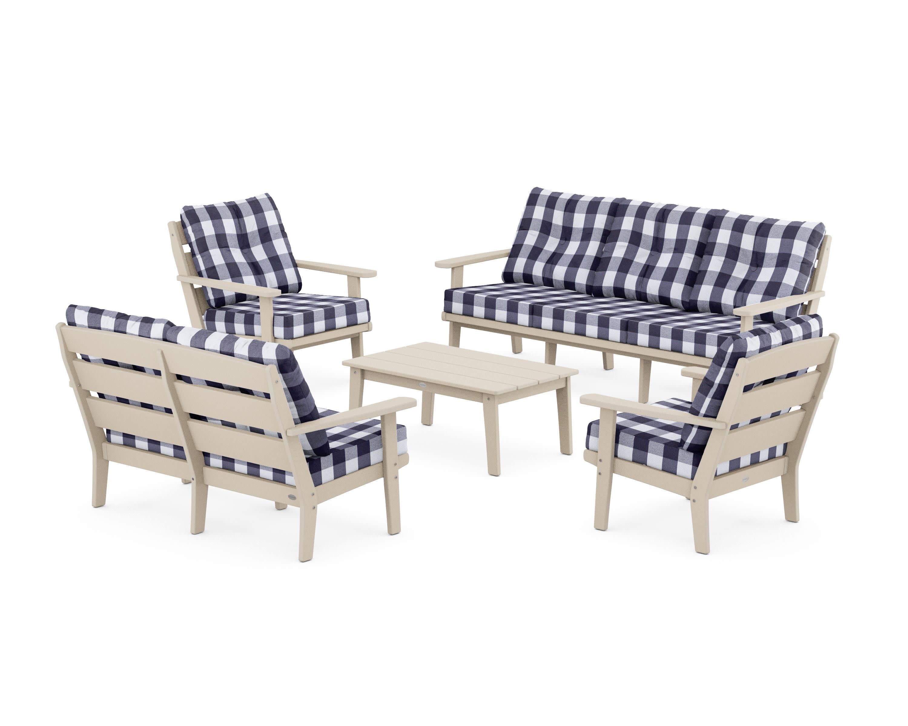 Lakeside 5-Piece Lounge Sofa Set in Sand / Buffalo Plaid Navy