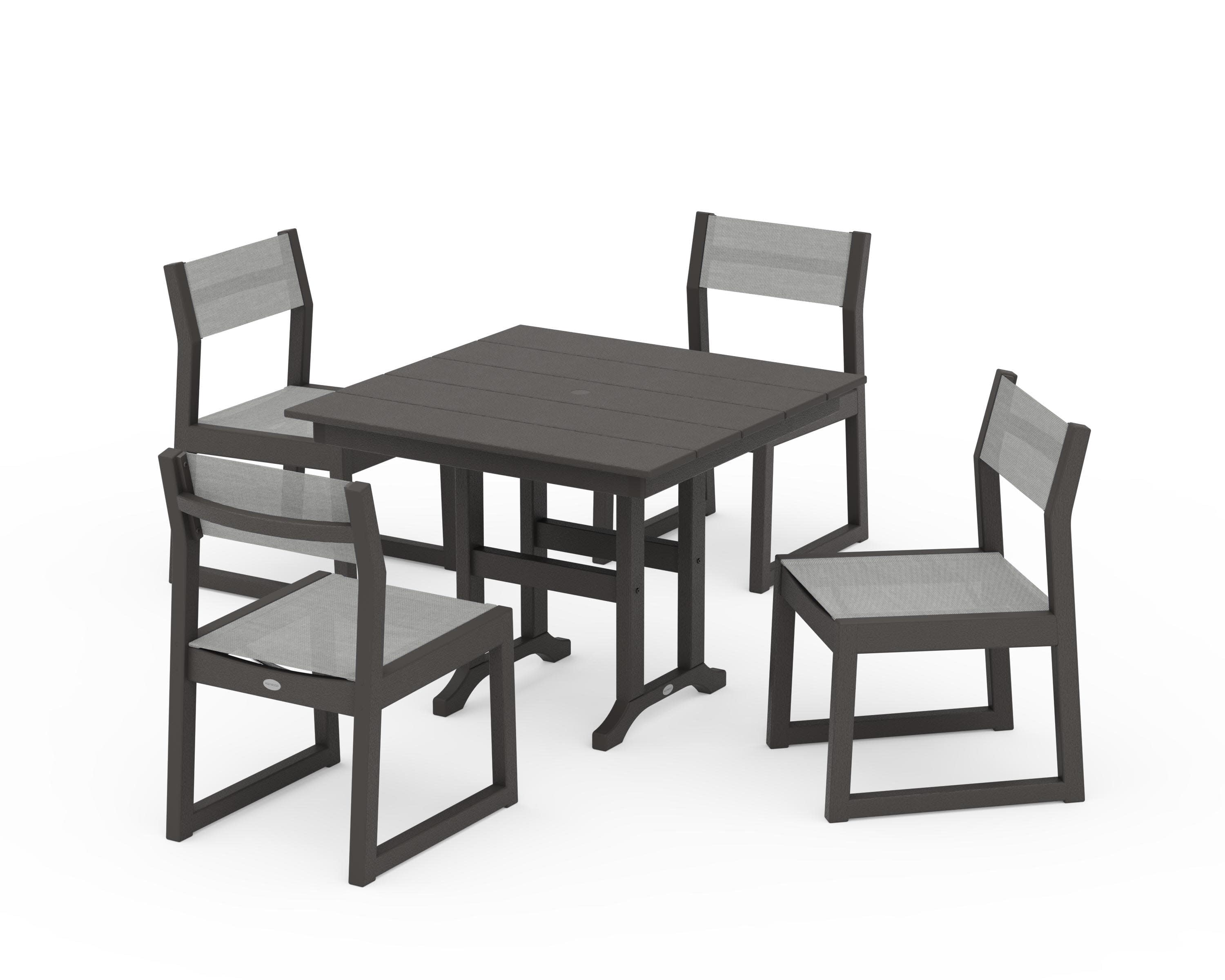 EDGE Sling Side Chair 5-Piece Farmhouse Dining Set in Vintage Coffee / Metallic Sling
